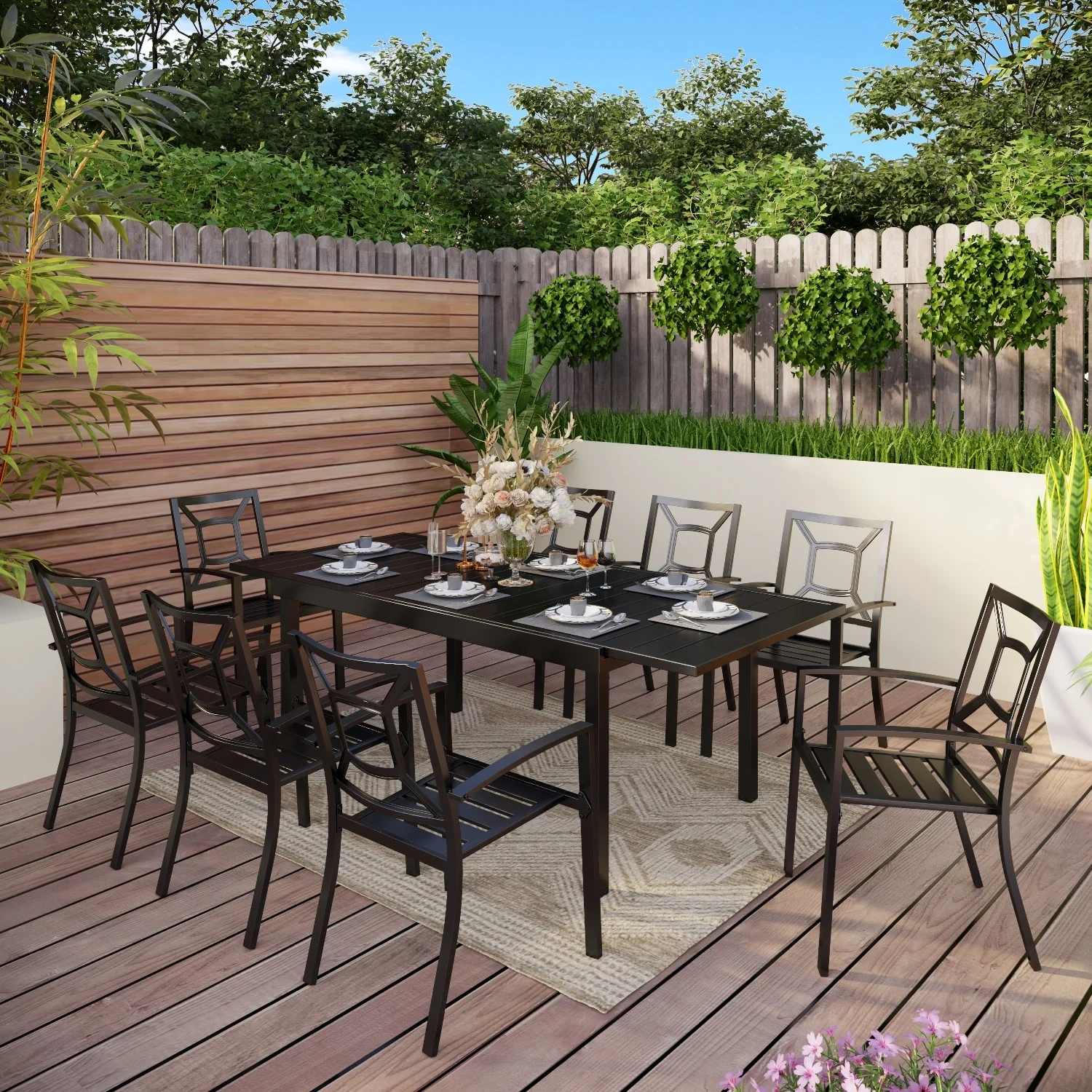 Seats up to 6/8 Outdoor Patio Dining Set, 6/8 Metal Stackable Chairs, 1 Rectangular Expandable Table 8 9-Piece Sets