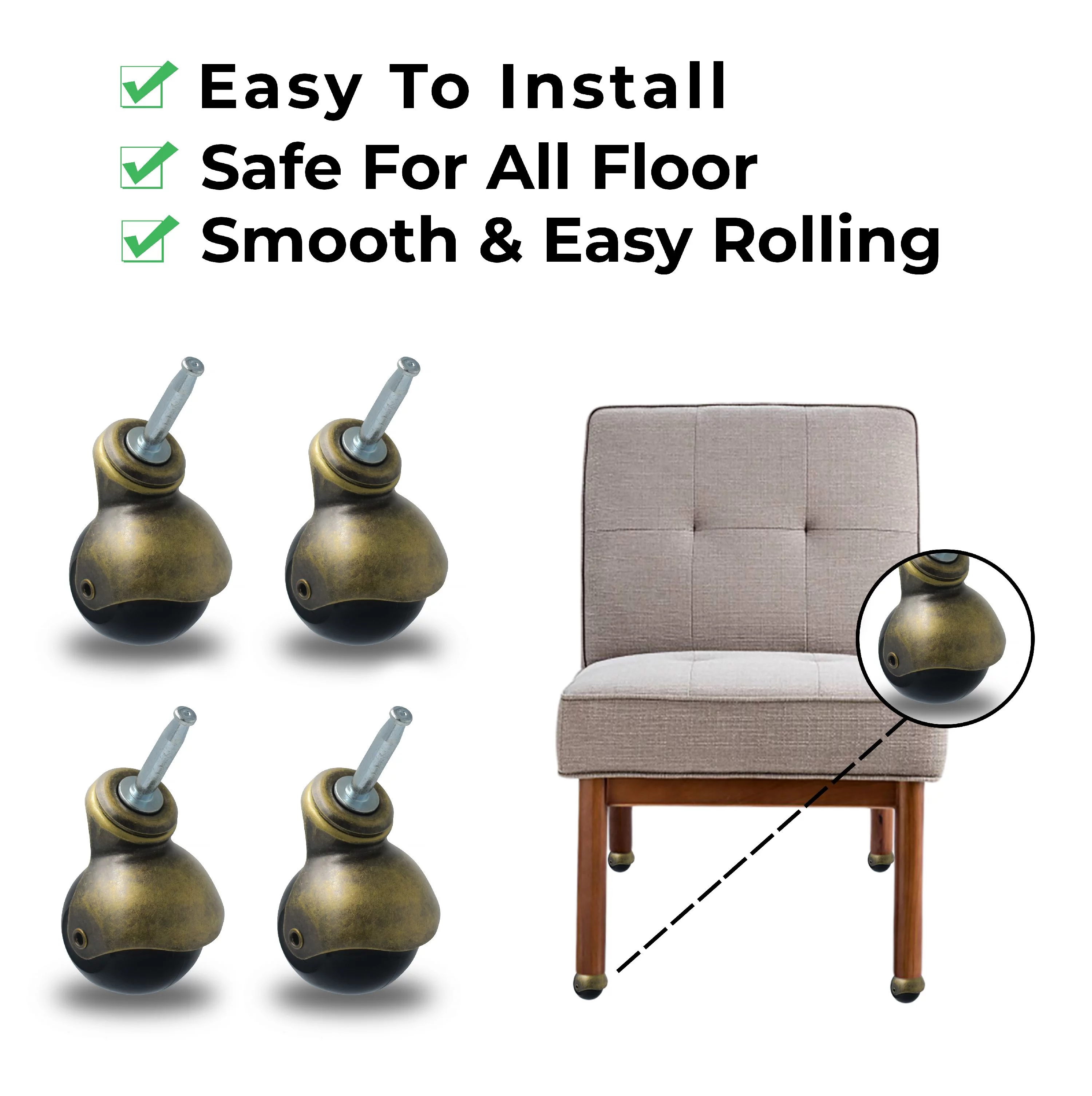 4-Pack 2-inch Antique Gold Poly Wheel Ball Caster with Wood Stem & Socket