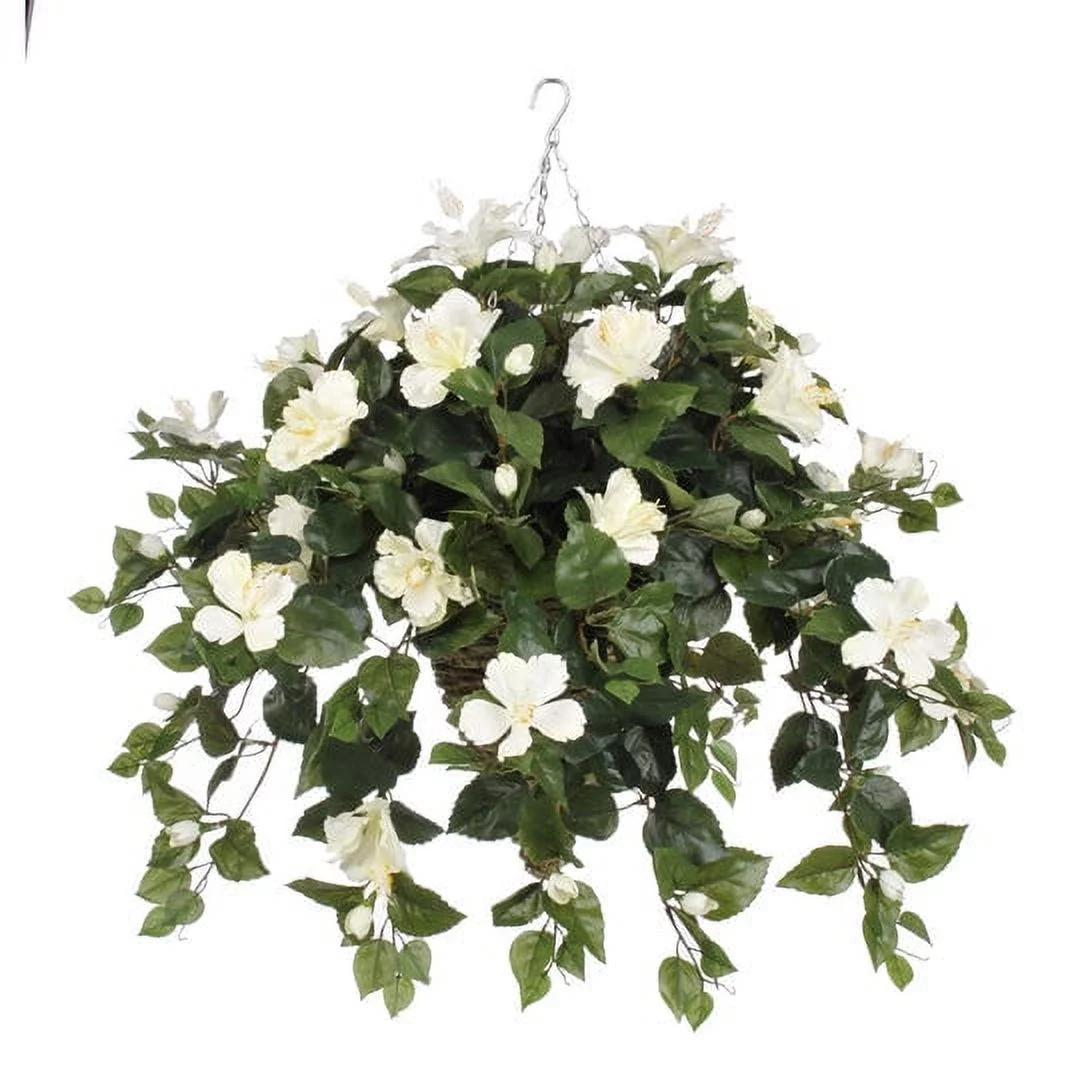 House of Silk Flowers Artificial Cream Hibiscus in Beehive Hanging Basket