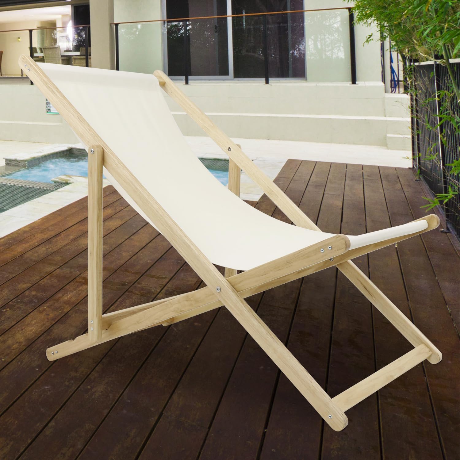 Wooden Patio Lawn Deck Chairs 2 Set Outdoor Camping Sling Chairs,Beach Sling Chair Set - Durable Acacia Wood and Triple-Layer Polyester Canvas, Adjustable and Portable（Natural Wood）