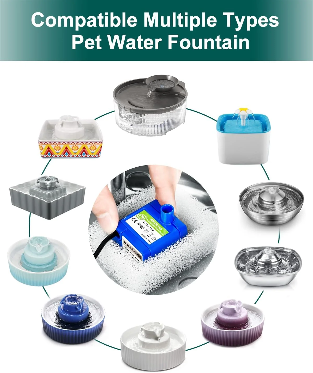 KANCHOU Cat Water Fountain Pump,Pet Fountain Pump Replacement Pump DR-DC160 Motor for 360°Stainless Steel Cat Fountain and Cupcake Ceramic Cat Drinking Fountain(No LED Light)