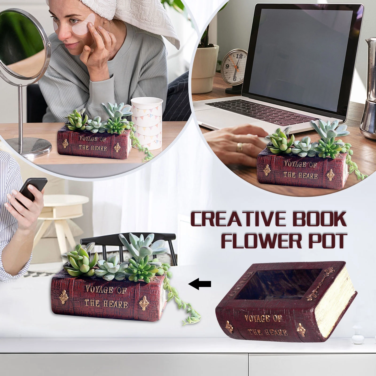 SUSHANG Book Treasure Chest Planter Handmade Resin Succulent Flower Pot Home Garden for Plants, Eclectic Gardening Gifts for Plant Lovers