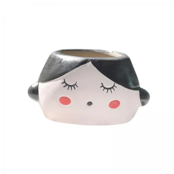 oshhnii 3xGirl Flowerpot Ornament Ceramic Head Planter Pot for Office Windowsill Table