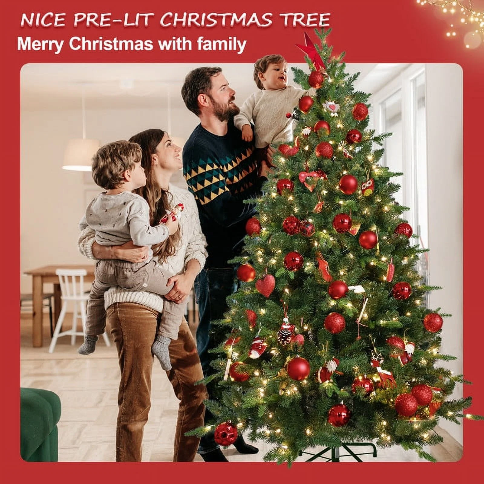 Lixhey Pre-lit Artificial Christmas Tree with Warm White Lights - Hinged Premium Spruce Fake Xmas Tree with PE&PVC Mixed Branch Tips, Foldable Base, for Home Party Decoration (6Ft)