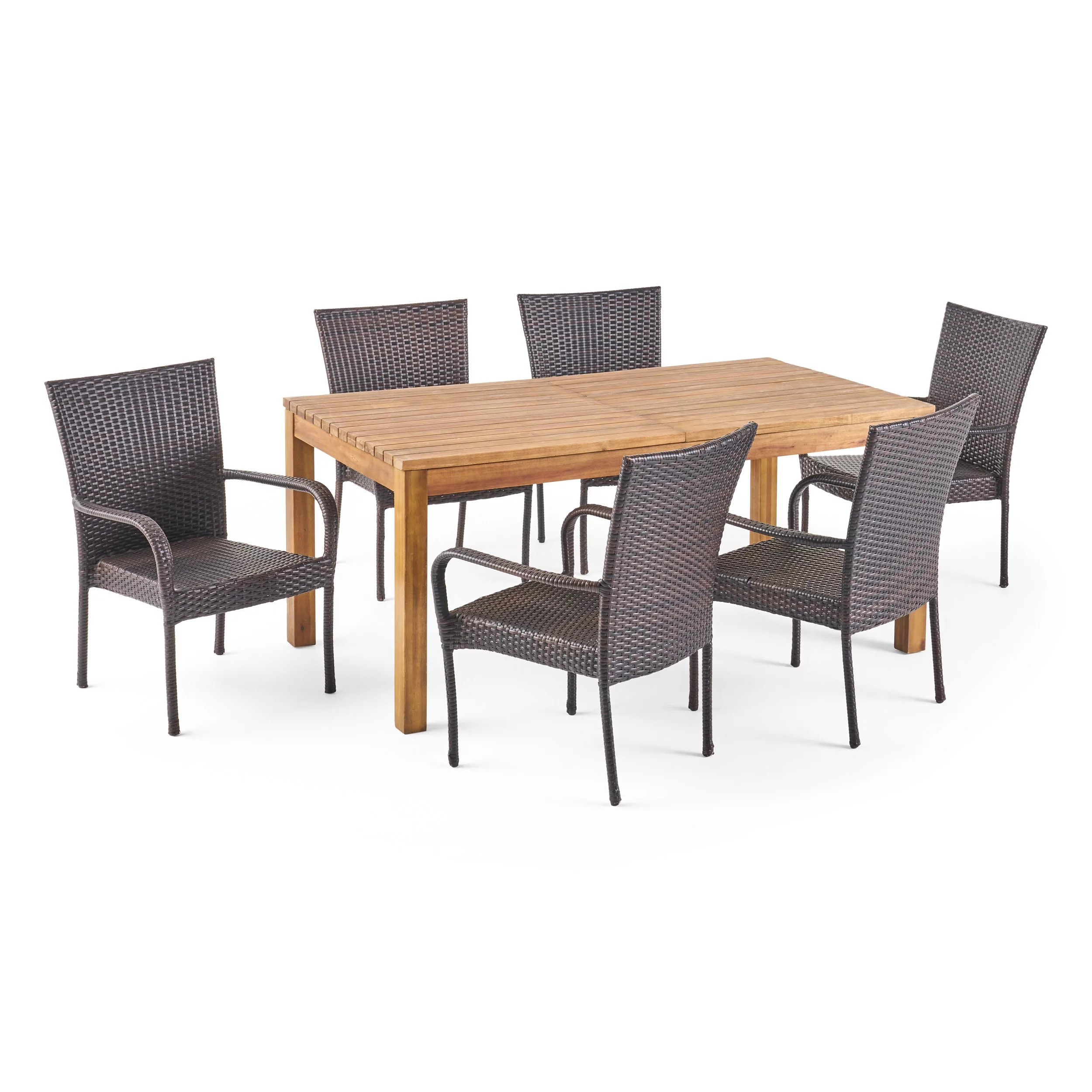 GDF Studio Georgina Outdoor Wicker and Acacia Wood 7 Piece Expandable Dining Set, Teak and Multibrown