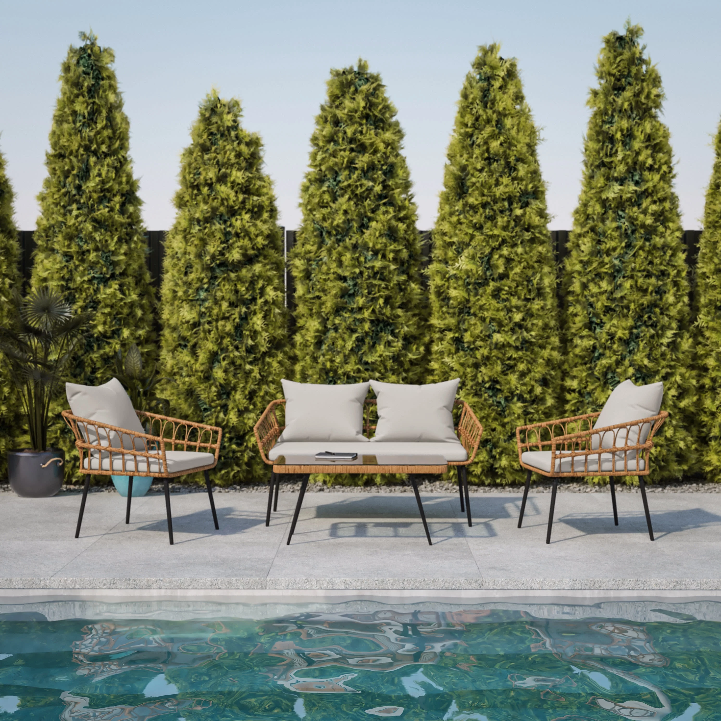 BizChair Evin Boho 4 Piece Indoor/Outdoor Rope Rattan Patio Conversation Set with Tempered Glass Top Coffee Table and Gray Cushions, Natural