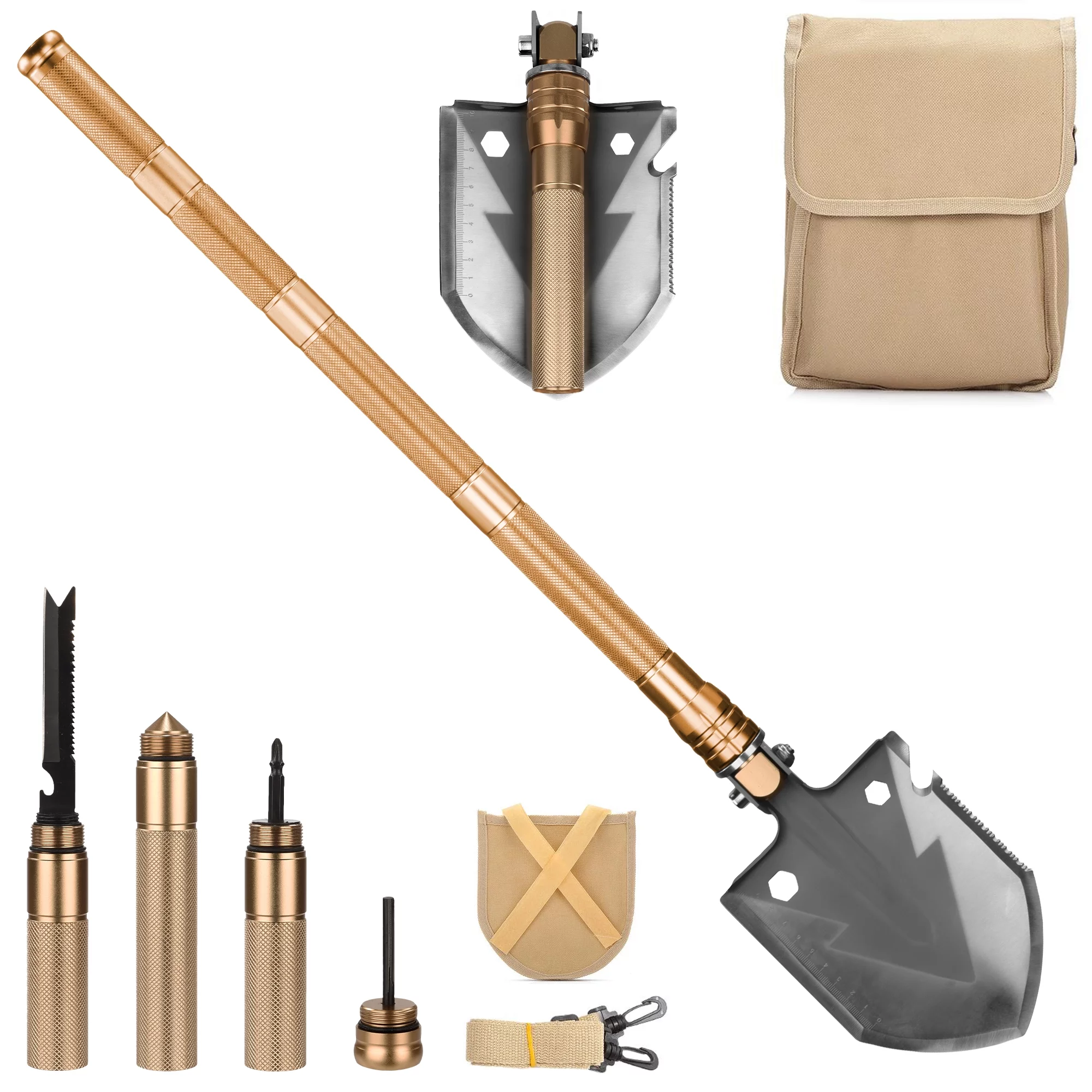 Wild Peak APEX1 18-in-1 Multitool Steel Emergency Shovel with Carrying Pouch for Survival, Military, Camping, Hiking, Climbing, Bug-Out Bag, Backpacking (Gold)