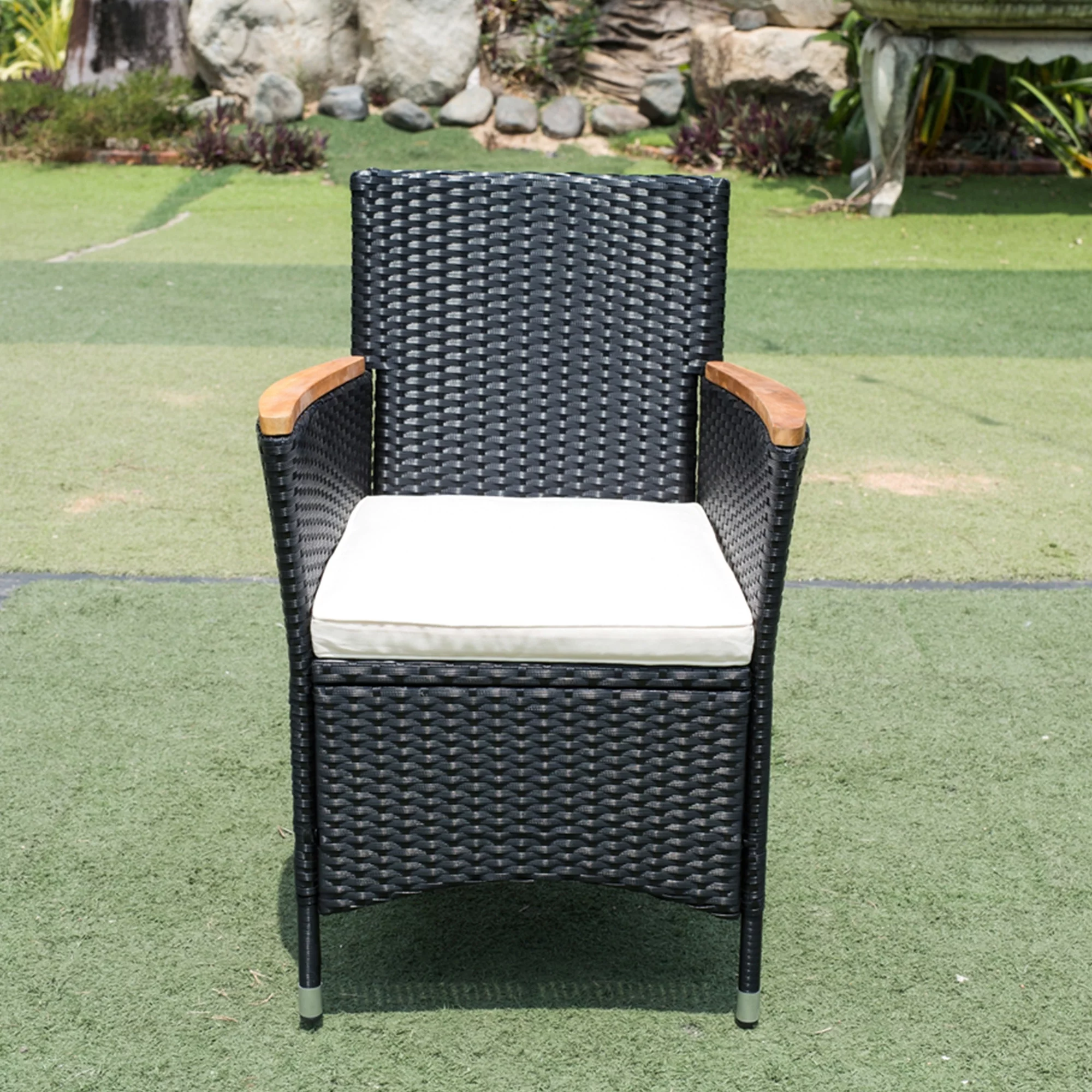 Dcenta 7 PCS Patio Rattan Dining Set Patio Wicker Dining Set wAcacia Wood Wicker Dining Table and Chairs Set