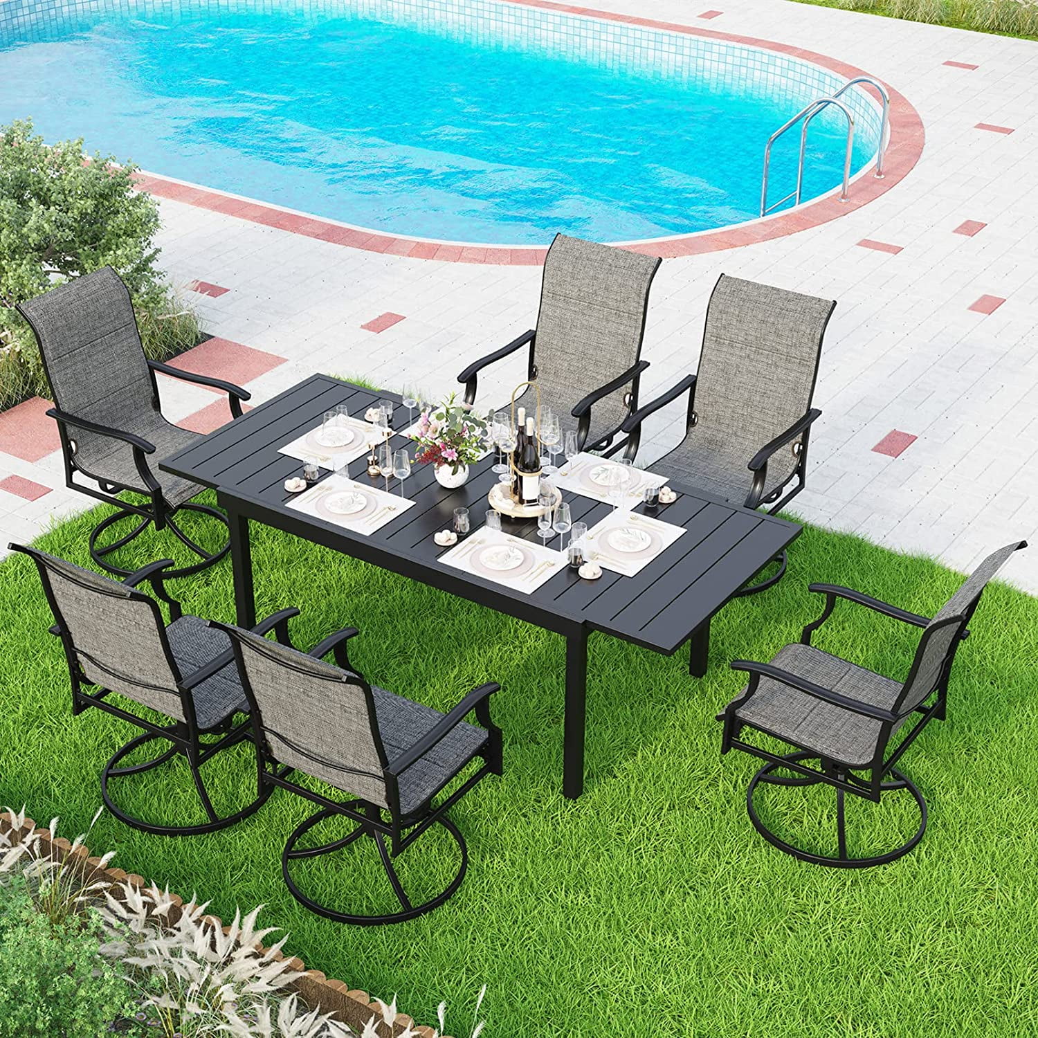 7-Piece Metal Outdoor Patio Dining Furniture Set with 6 Sling Dining Swivel Chairs and 1 Metal Steel Slat Dining Rectangle Table with Adjustable Umbrella