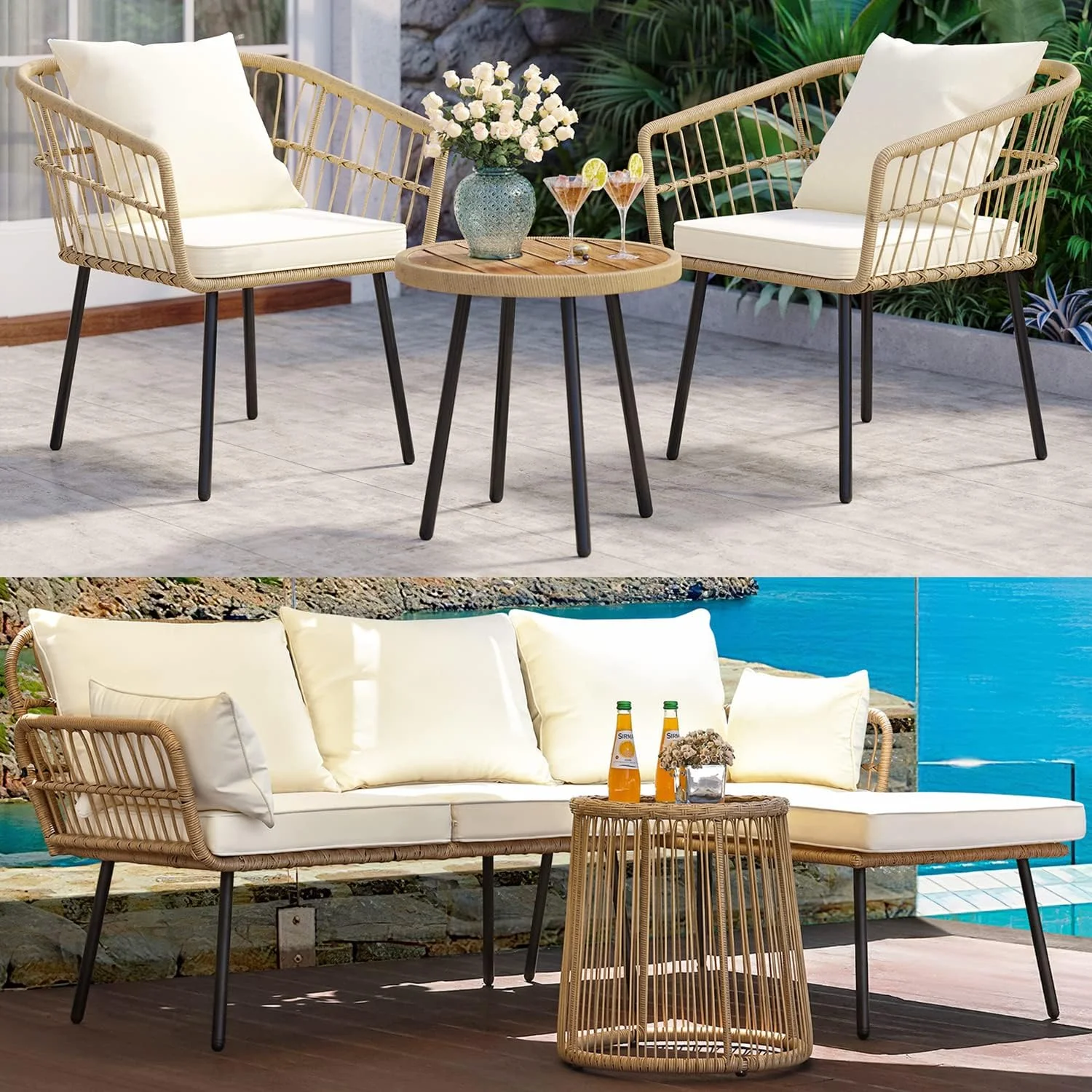 Dina 7 Pieces Wicker Patio Conversation Set  All-Weather Rattan Balcony Bistro Set and Outdoor Sectional L-Shaped Sofa for Backyard  Pool  Porch  Deck - Beige