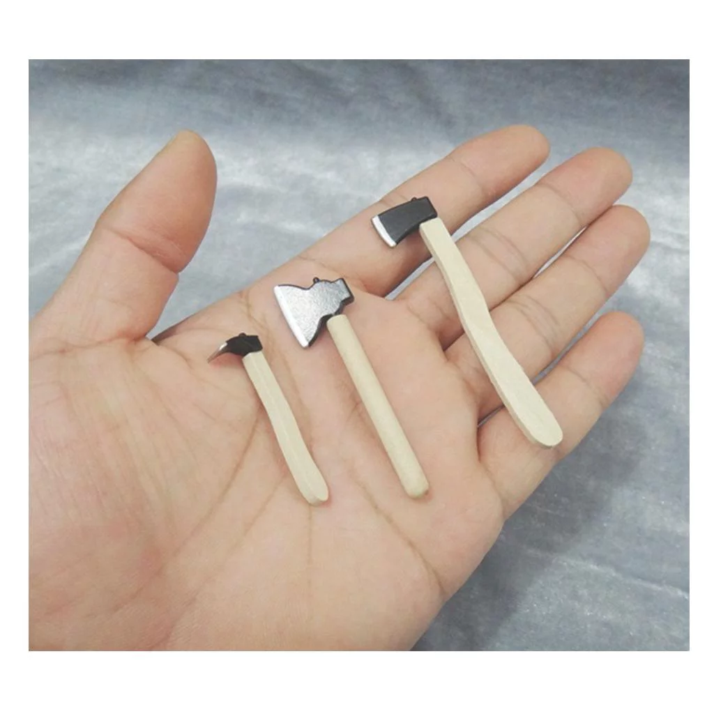 Dolls House Miniature Wooden Handle Hatchet Hoe Garden Supplies Hand Tools Set 3pcs