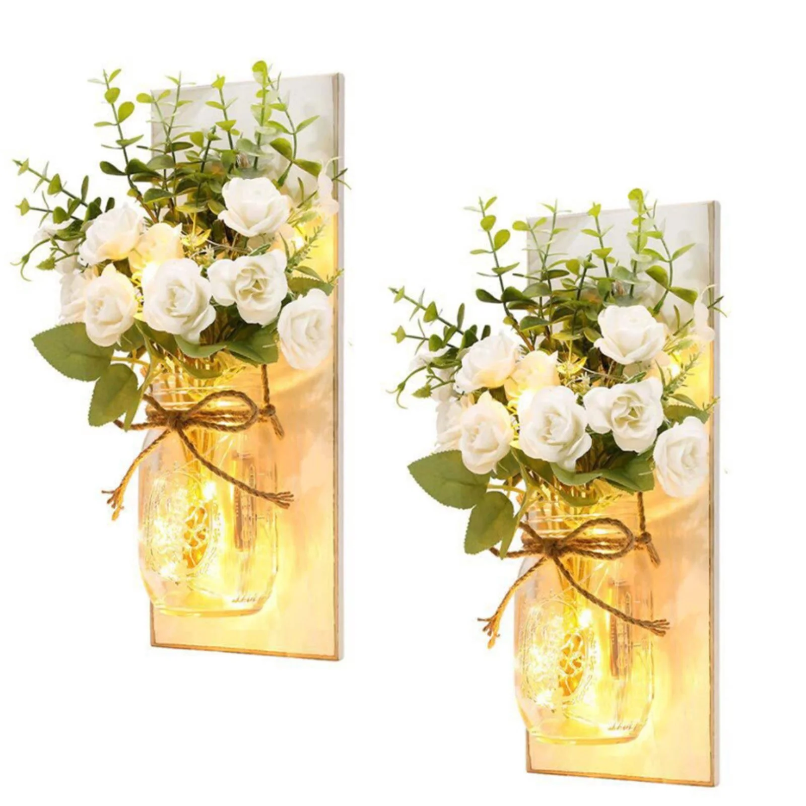 Yeetfub Artificial Flowers Silk Flowers Retro Wood Mason Jar Wall Lamp Simulation Flower Peony Rose Send Remote Control for Wedding Home Faux Flowers Bulk Gift for Mothers Day
