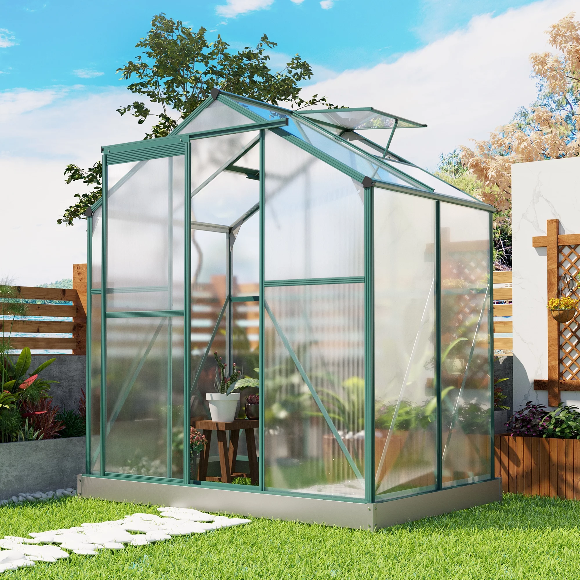 TBWYF Outdoor Polycarbonate Greenhouse, Walk in Greenhouse with Sliding Door and Rain Gutter, Aluminum Frame Grow House,6.2'x4.3'x7.4'