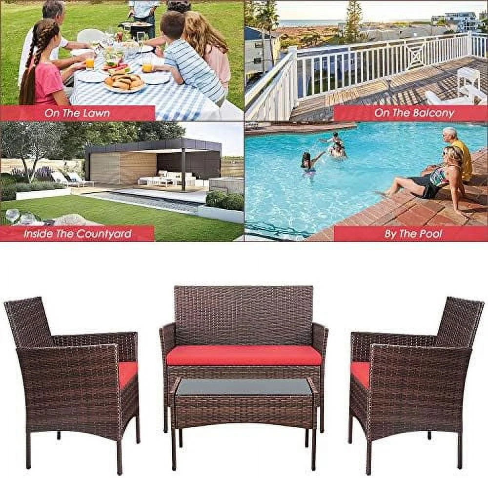 ASDRFYU 4 Pieces Patio Rattan Chair Wicker  Outdoor Indoor Use Backyard Porch Garden Poolside Balcony  Sets (Red)