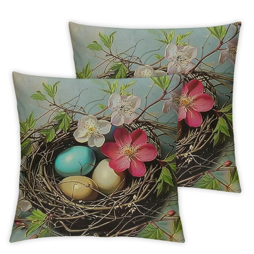 Cbxzyzzc Happy Easter Throw Pillow Covers Set of 2 Vintage Bird nest Teal Comfort Velvet Square with Zipper Living Room Bedroom Dorm Couch Chair Pillow case White