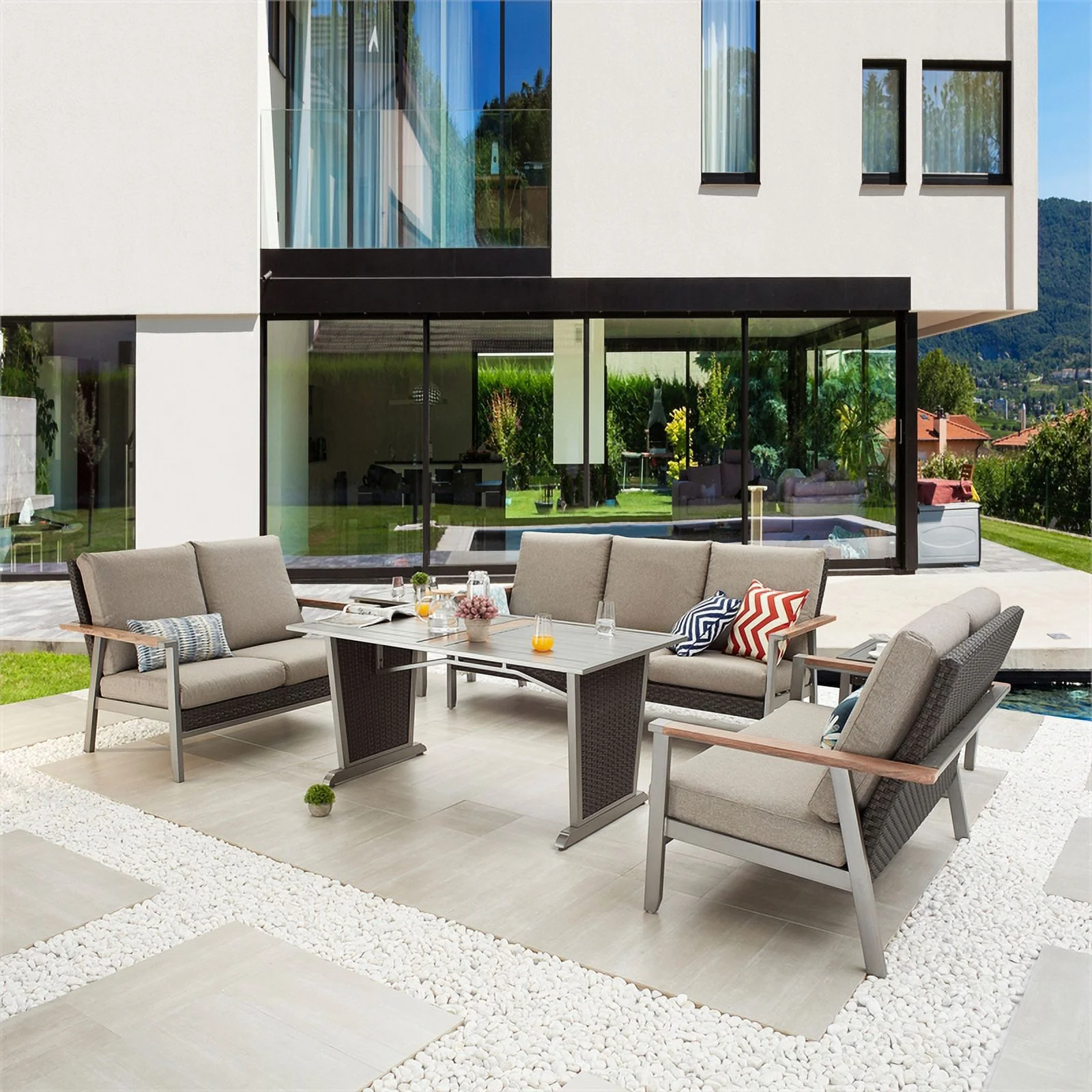 Patio Festival Metal 6-Piece Outdoor Dining Set in Gray/Beige
