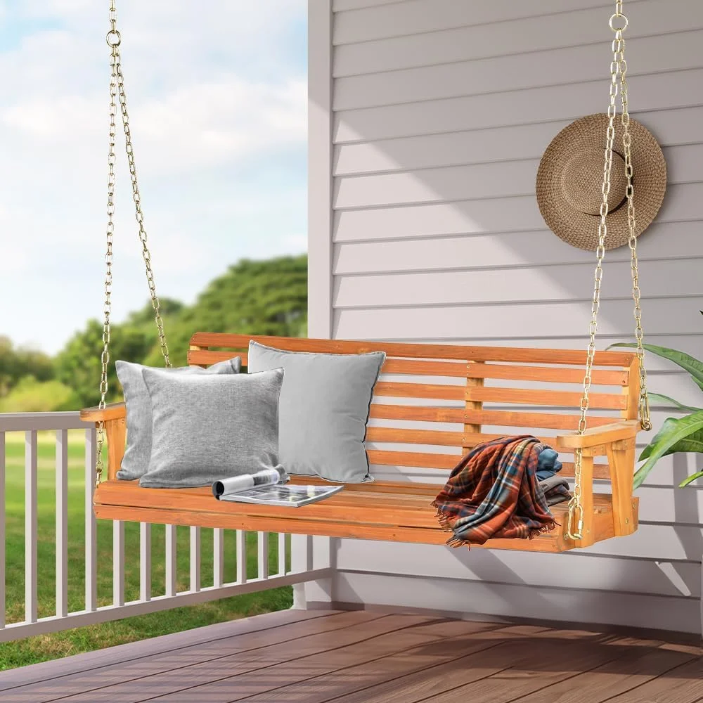 Wood Porch Swing 2-Seater Outdoor Wooden Swing Bench with Hanging Chains for Garden Backyard Deck Patio