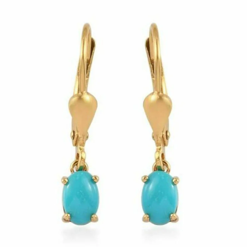 Gaspara Oval Cut Turquoise Drop Dangle Earring 925 Sterling Silver 14K Yellow Gold Finish