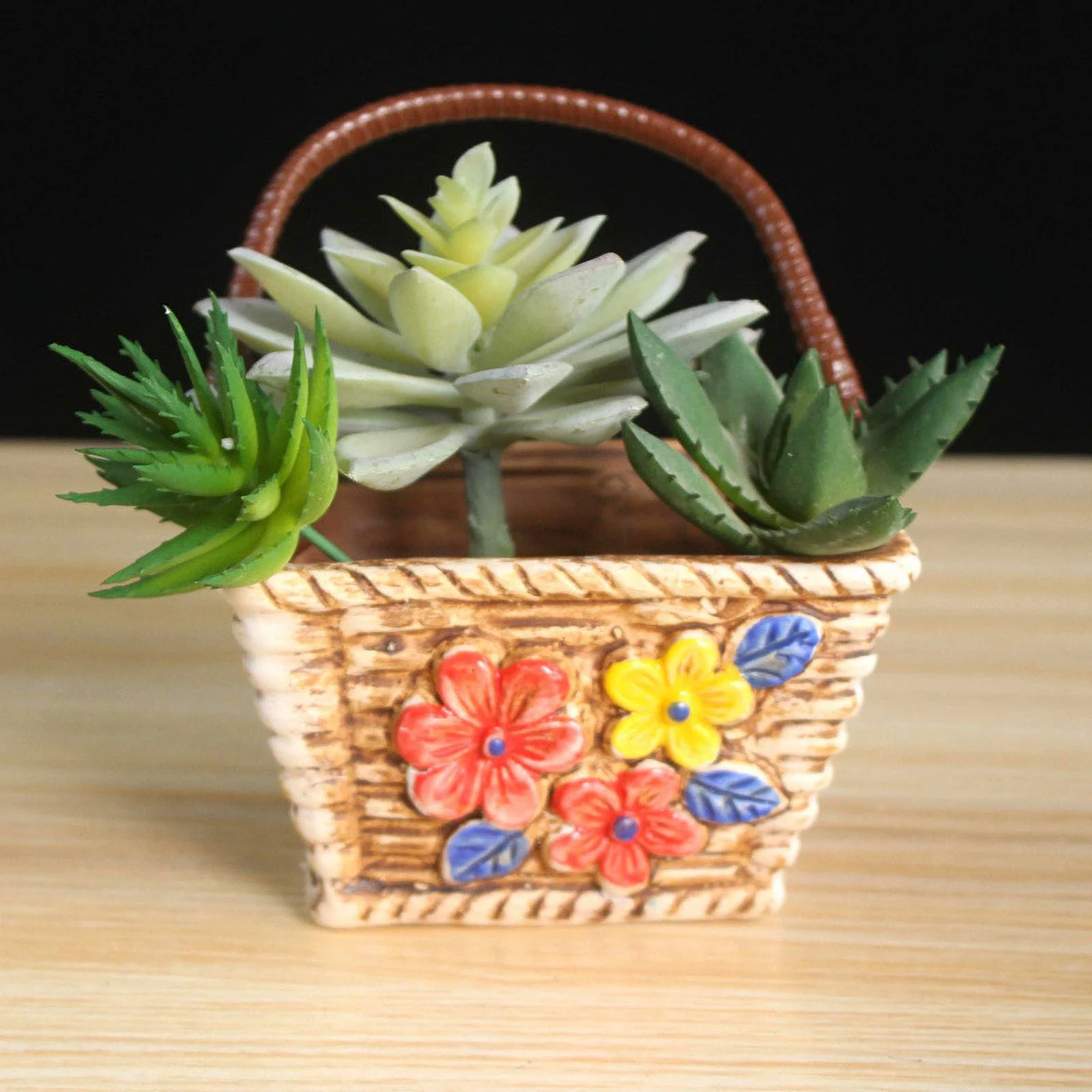 Hand-painted Ceramic Succulent Planter - Handled Basket Design