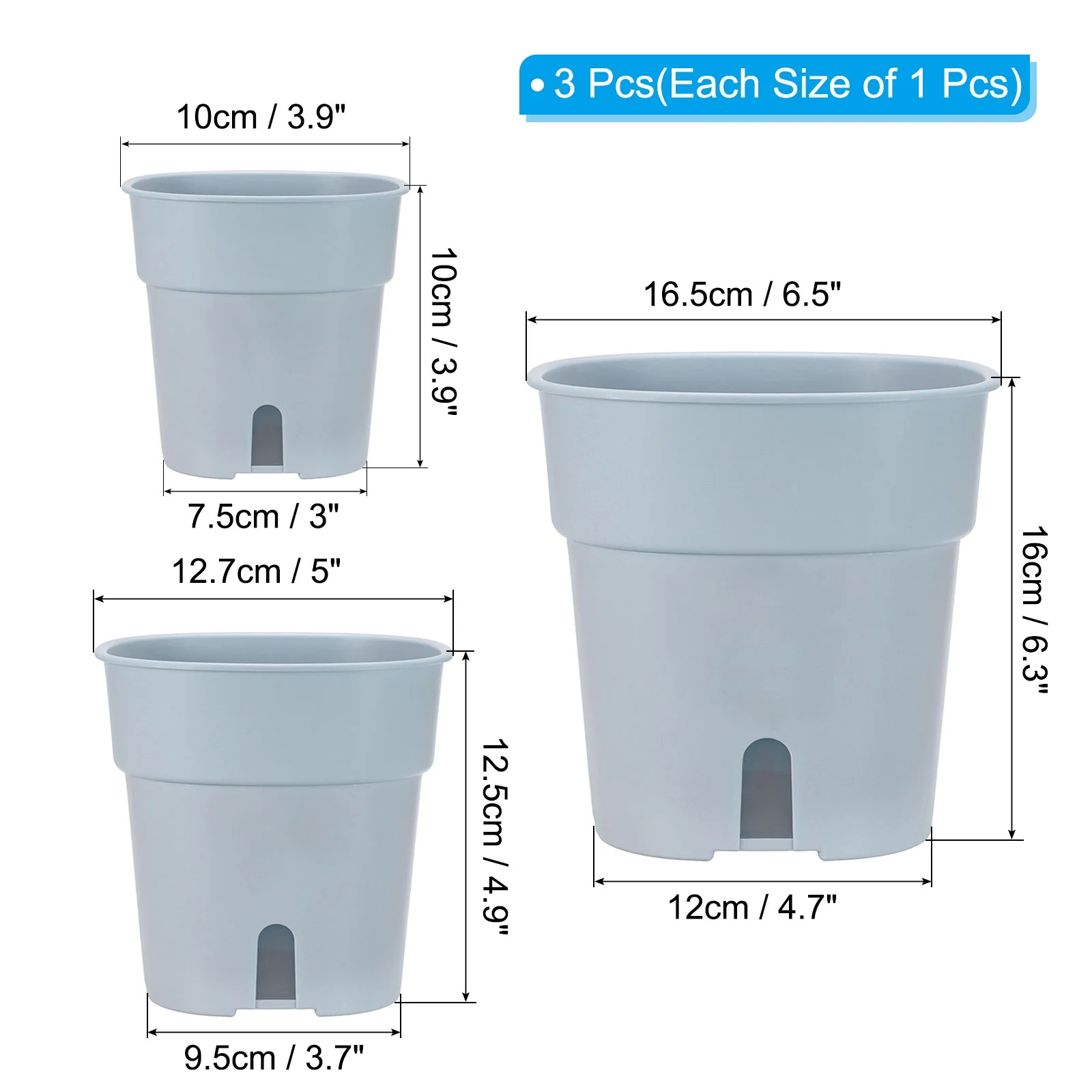 Uxcell S/M/L Plastic Plant Pots Flower Planters with Water Indicator Removable Base, Light Blue 3 Pack