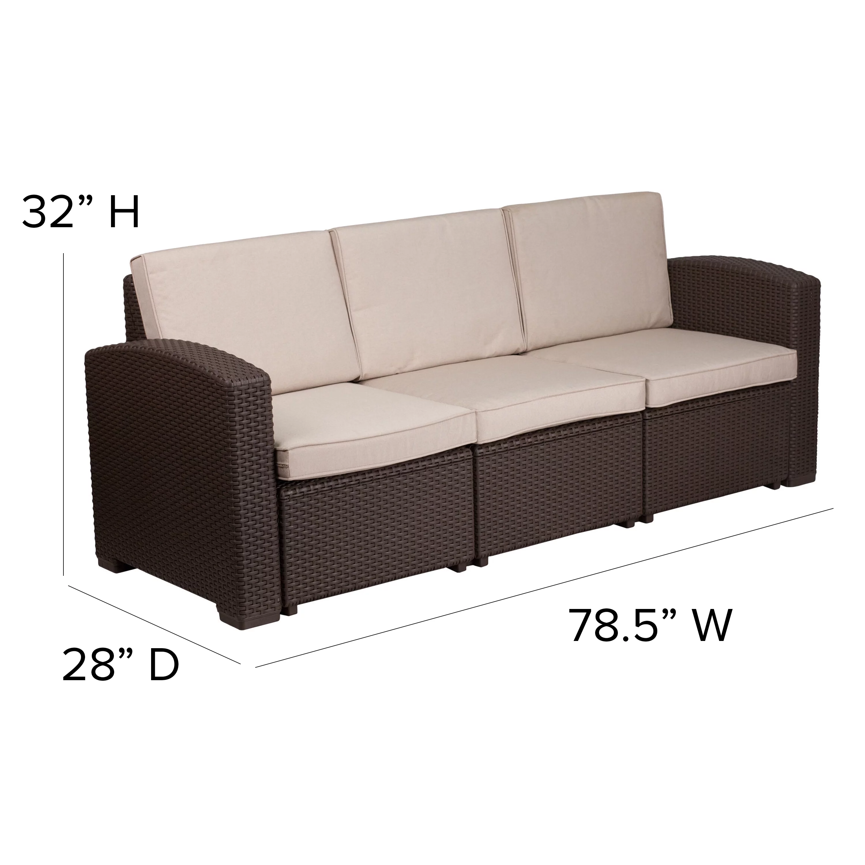 BizChair Chocolate Brown Faux Rattan Sofa with All-Weather Beige Cushions