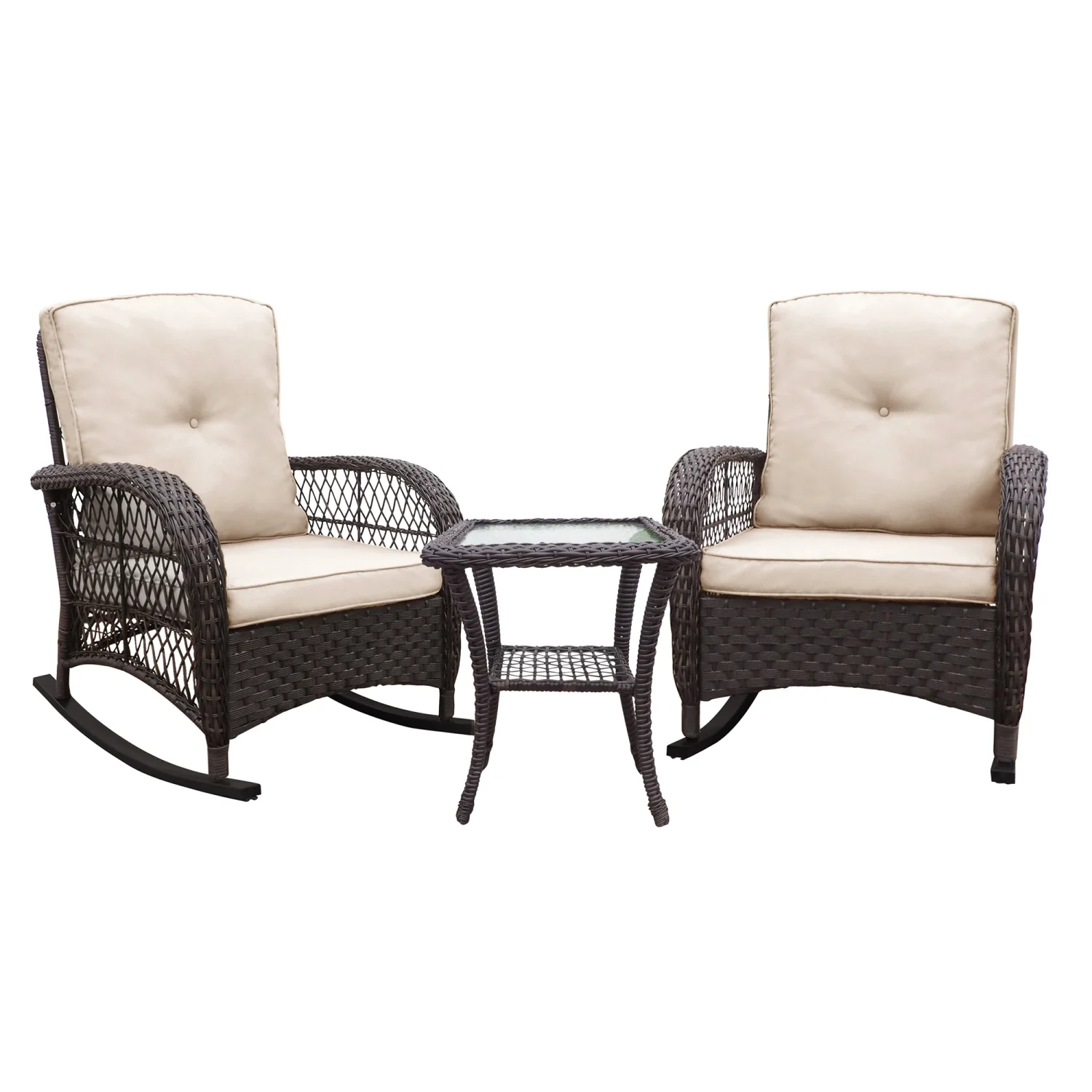 DremFaryoyo 3 Pieces Conversation Set  Outdoor Wicker Rocker Patio   Rocking Chair with Glass Top