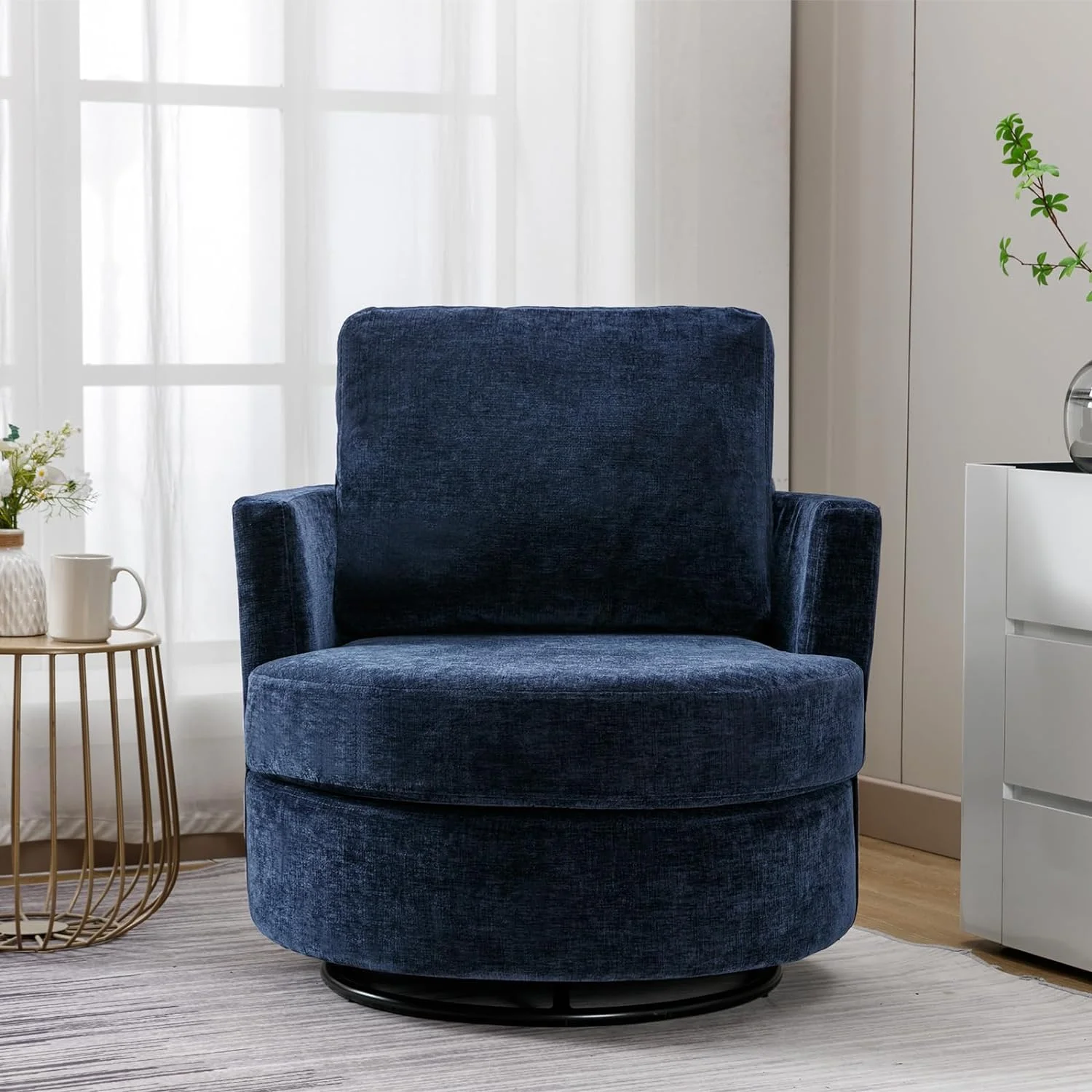 HVSDIMO Swivel SERTGVF Chairs Living Room Modern Comfy Round Arm Chairs Upholstered Barrel Swivel Chairs Sillas De Sala Circle Club Chair Cozy Chairs for Small Spaces Bedroom (Navy Blue C