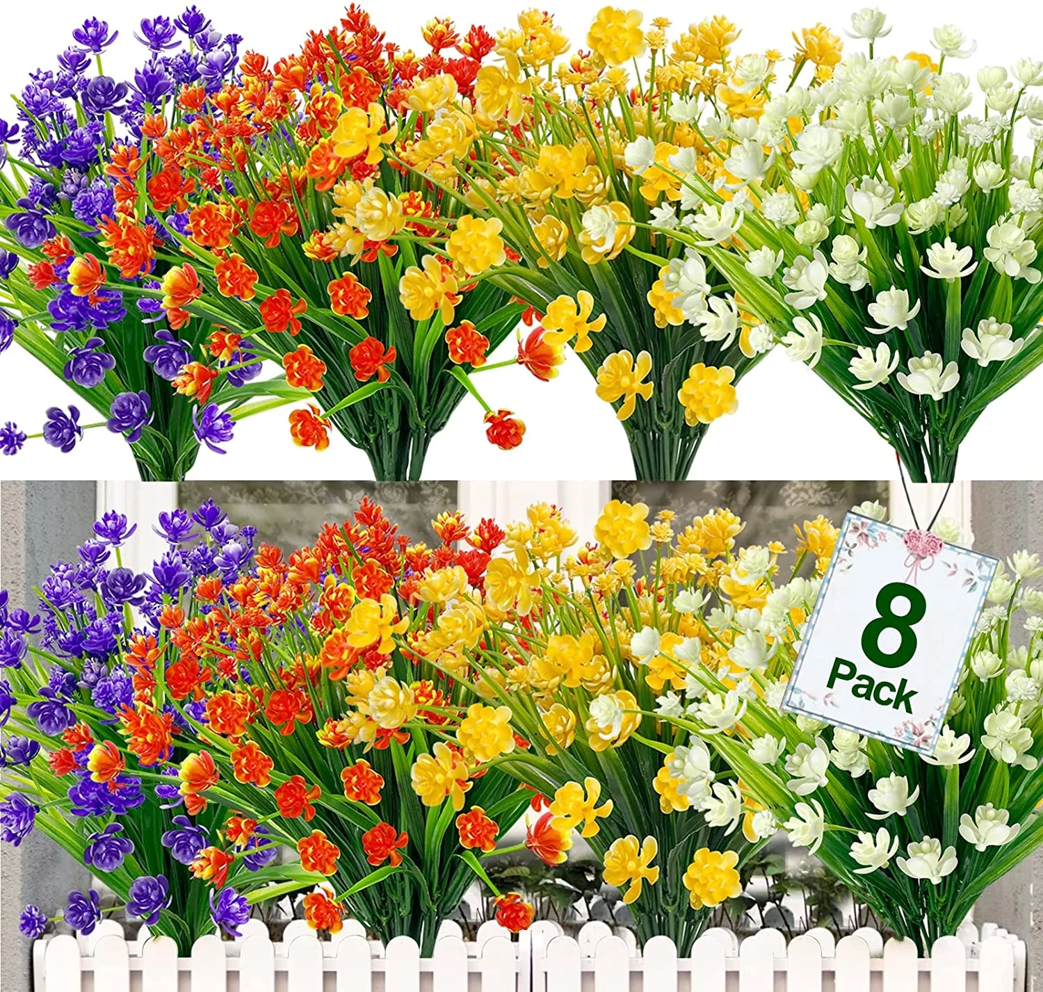 Zukuco  8Pcs Artificial Flowers Outdoor UV Resistant Fake Flowers, Faux Plastic Flower Greenery Shrubs Plant for Indoor Outside Planter Home Garden Window Box Porch Decor