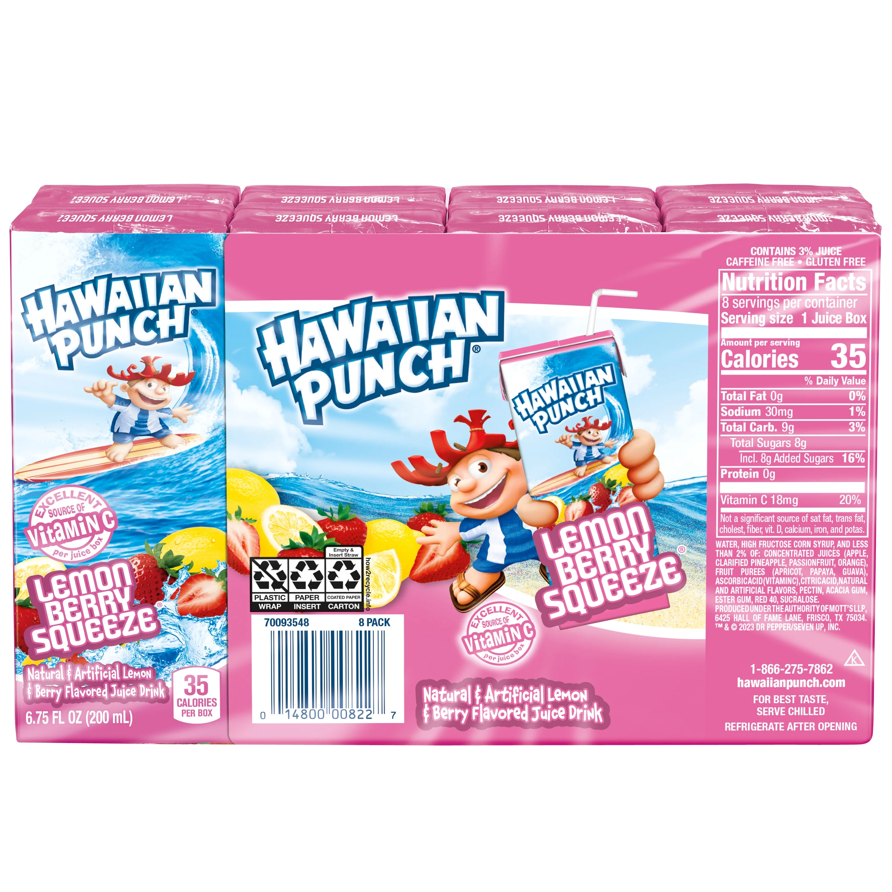 Hawaiian Punch Lemon Berry Squeeze Juice Drink, 6.75 fl oz, 8 Count Boxes