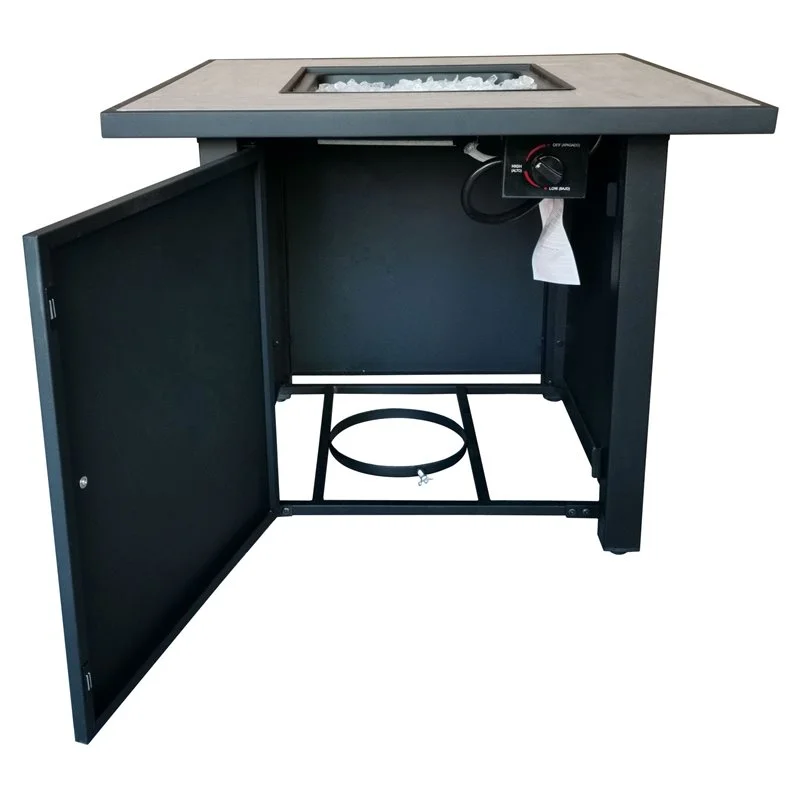 Belmont Home Bantana Square Metal and Tile Fire Pit with Glass Rocks in Black