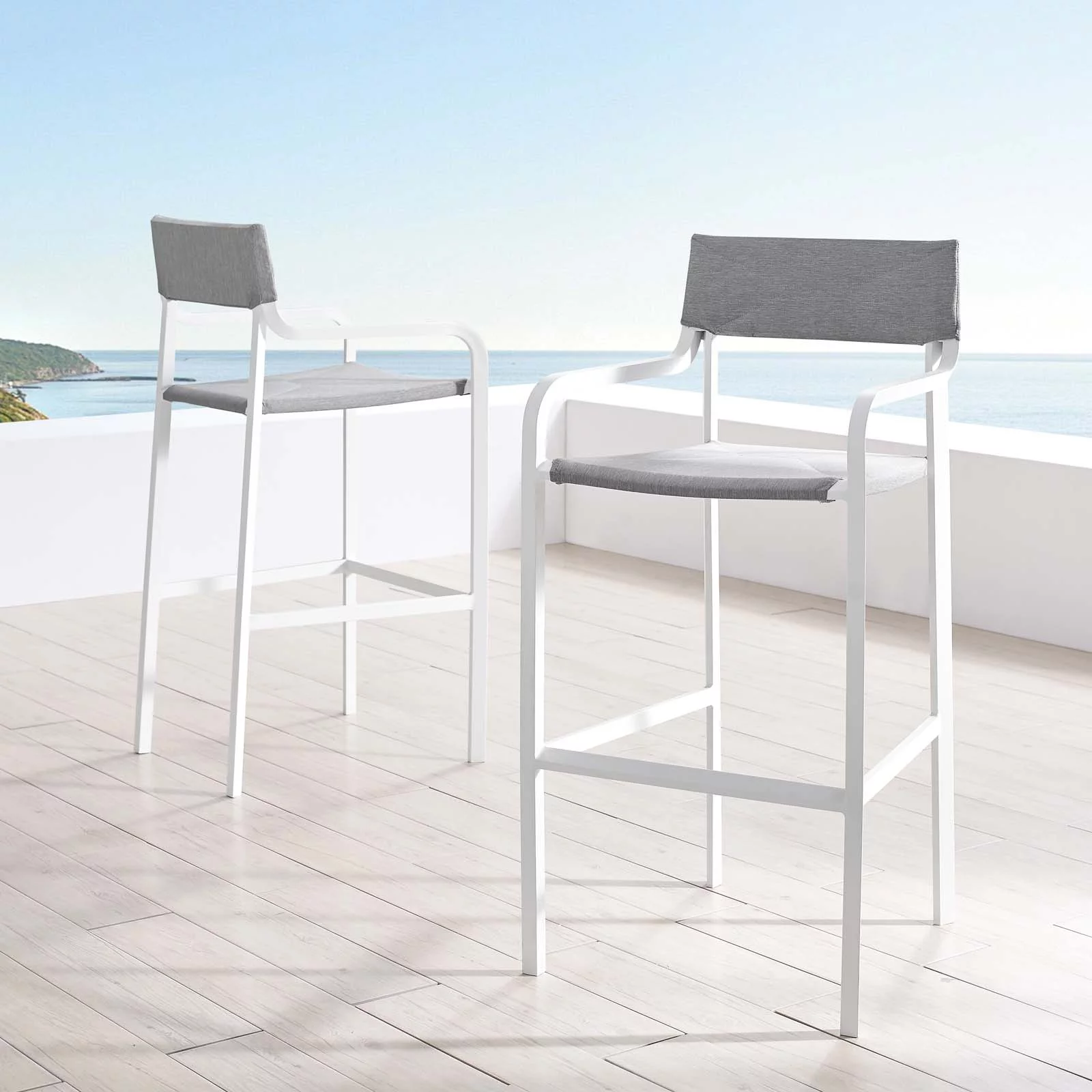 Modway Raleigh Outdoor Patio Aluminum Bar Stool Set of 2 in White Gray
