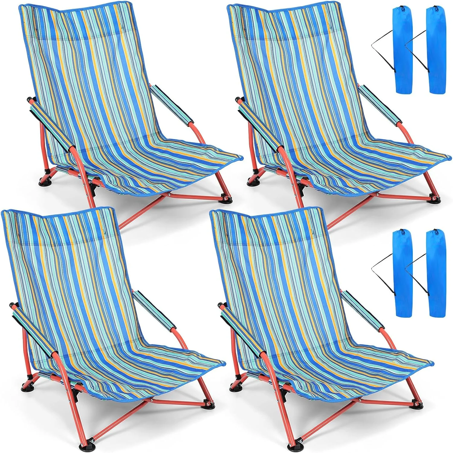 4 Pcs Low Seat Beach Chairs Folding Portable Beach Chair Backpack Camping Chair High Back Reclining Beach Chair with Carry Bag Lightweight for Outdoor, Beach, Camping, Lawn (Green)