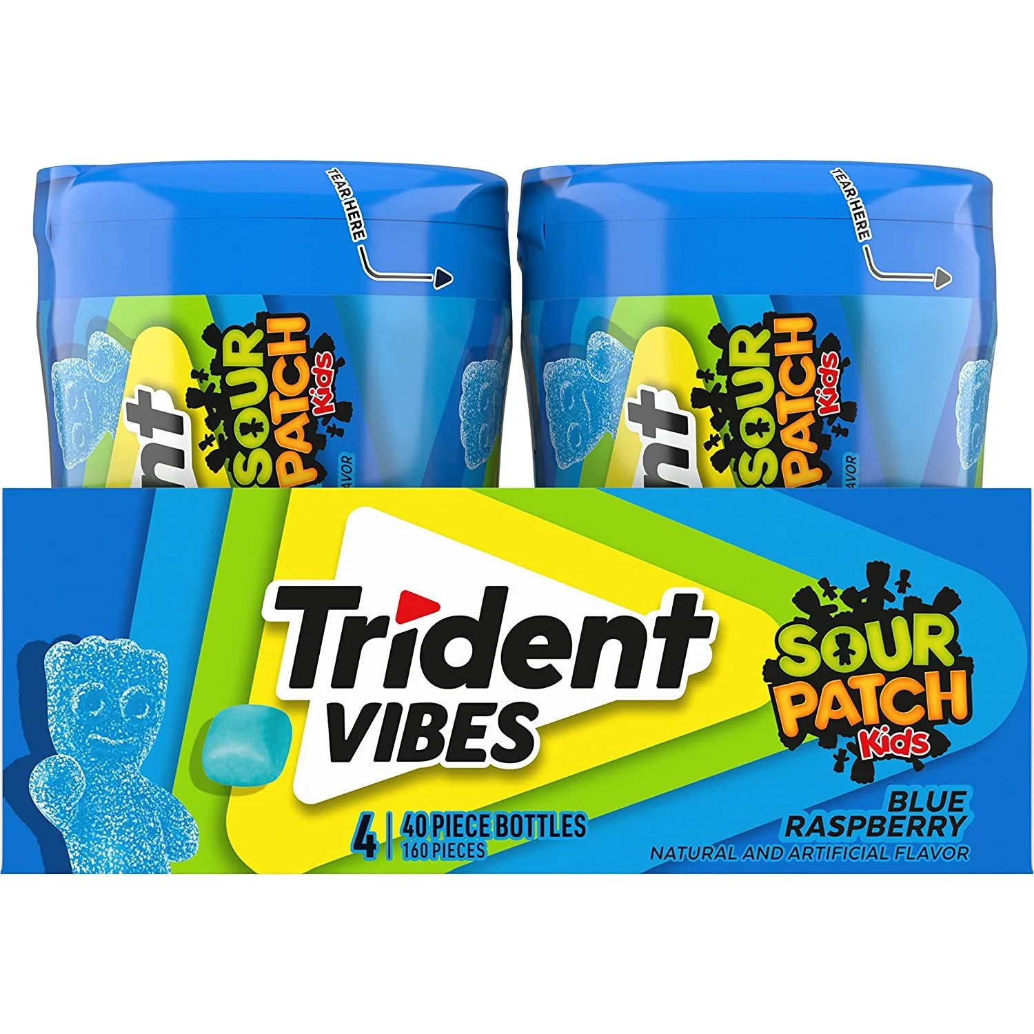 Trident Vibes SOUR PATCH KIDS Blue Raspberry Sugar Free Gum, 4-40 Piece Bottles 160 Total Pieces