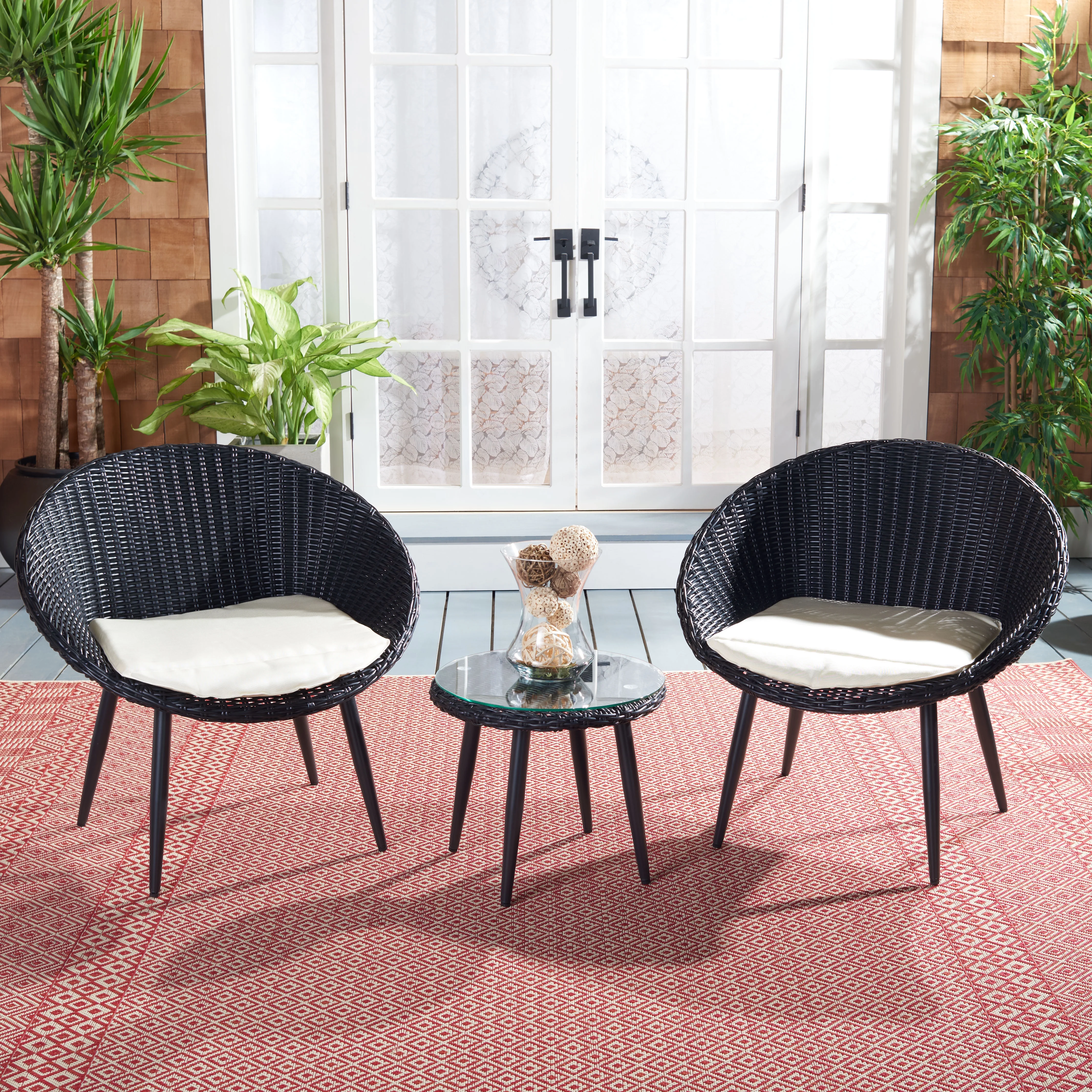 Safavieh Merami Outdoor Patio 3 Piece Bistro Set - Black/Beige Cushion