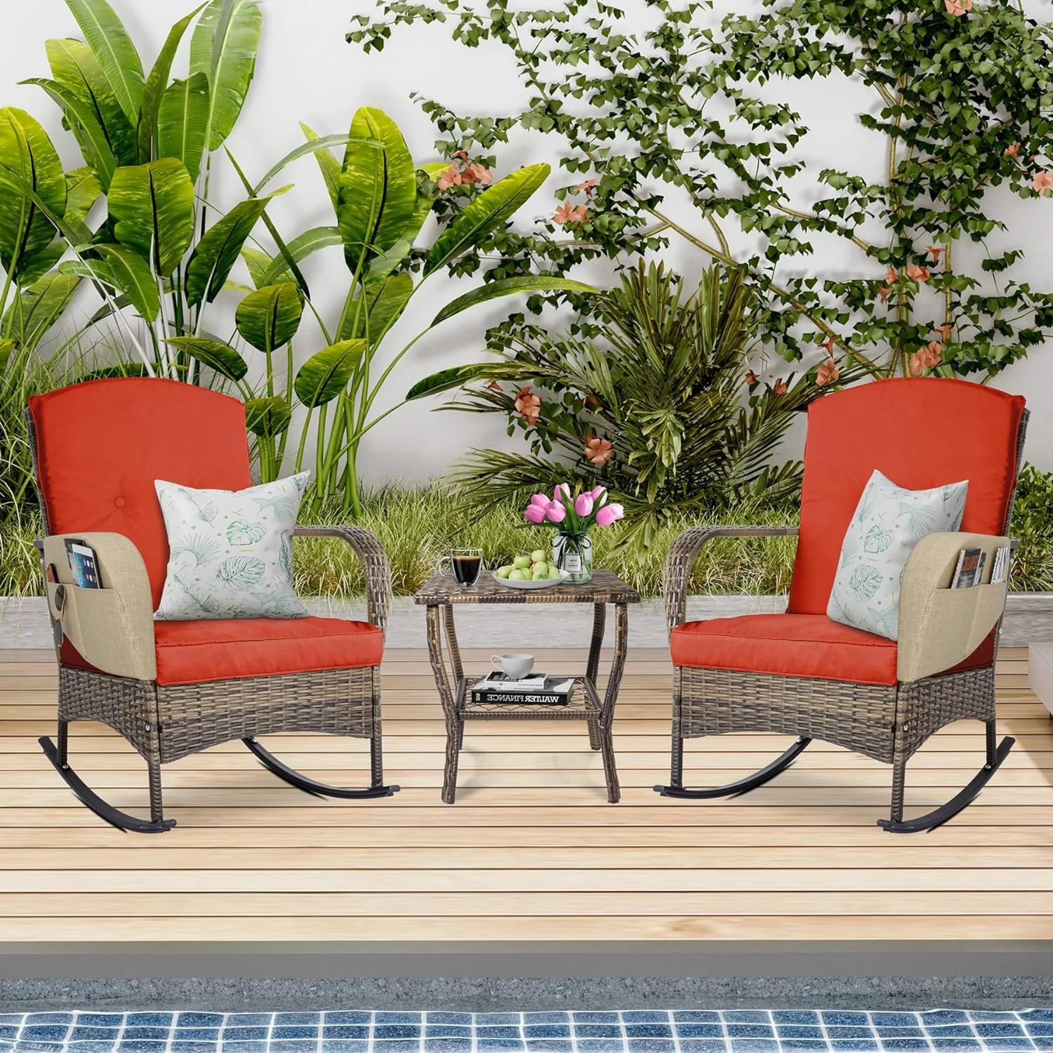 Dina 3 Pieces Patio Furniture Set  Outdoor Rocking Chairs Set of 2  Wicker Cushioned Patio Rocker with Side Table for Porch  Garden  Poolside & Deck  Orange
