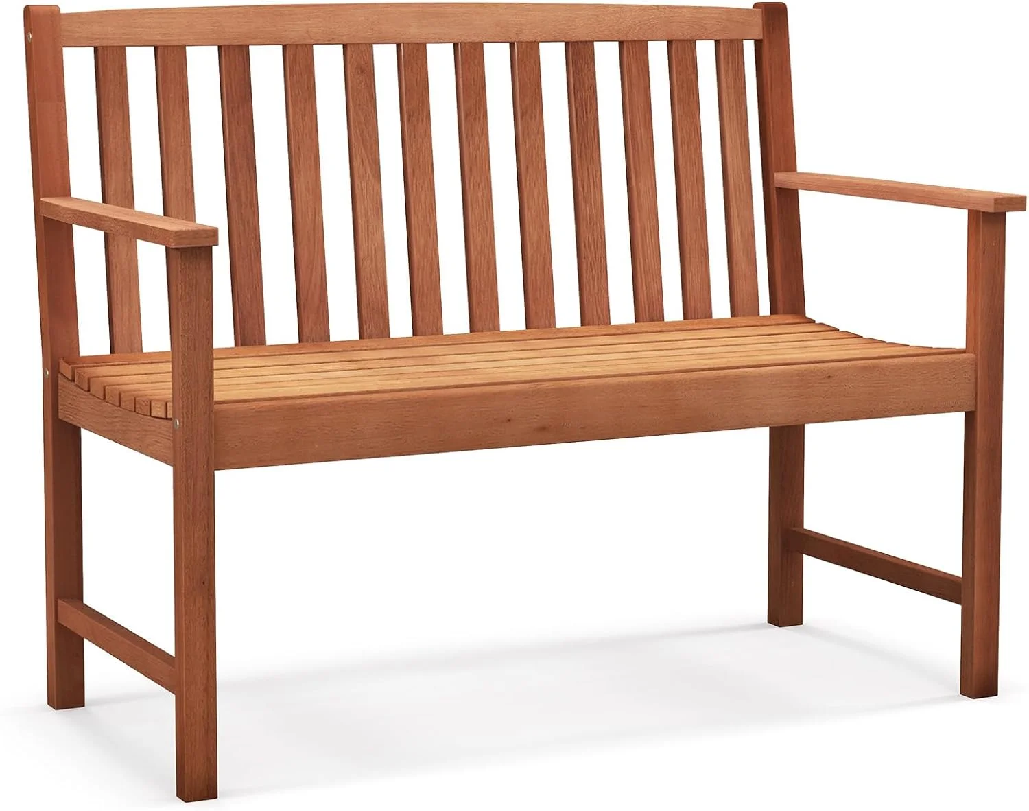 Outdoor Bench, Wood Elegant Bench with Cozy Armrests & Backrest, Slatted Sitting Area, Eucalyptus Wood Frame, 2-Person Loveseat for Park, Porch, Yard, 800 lbs Max Load