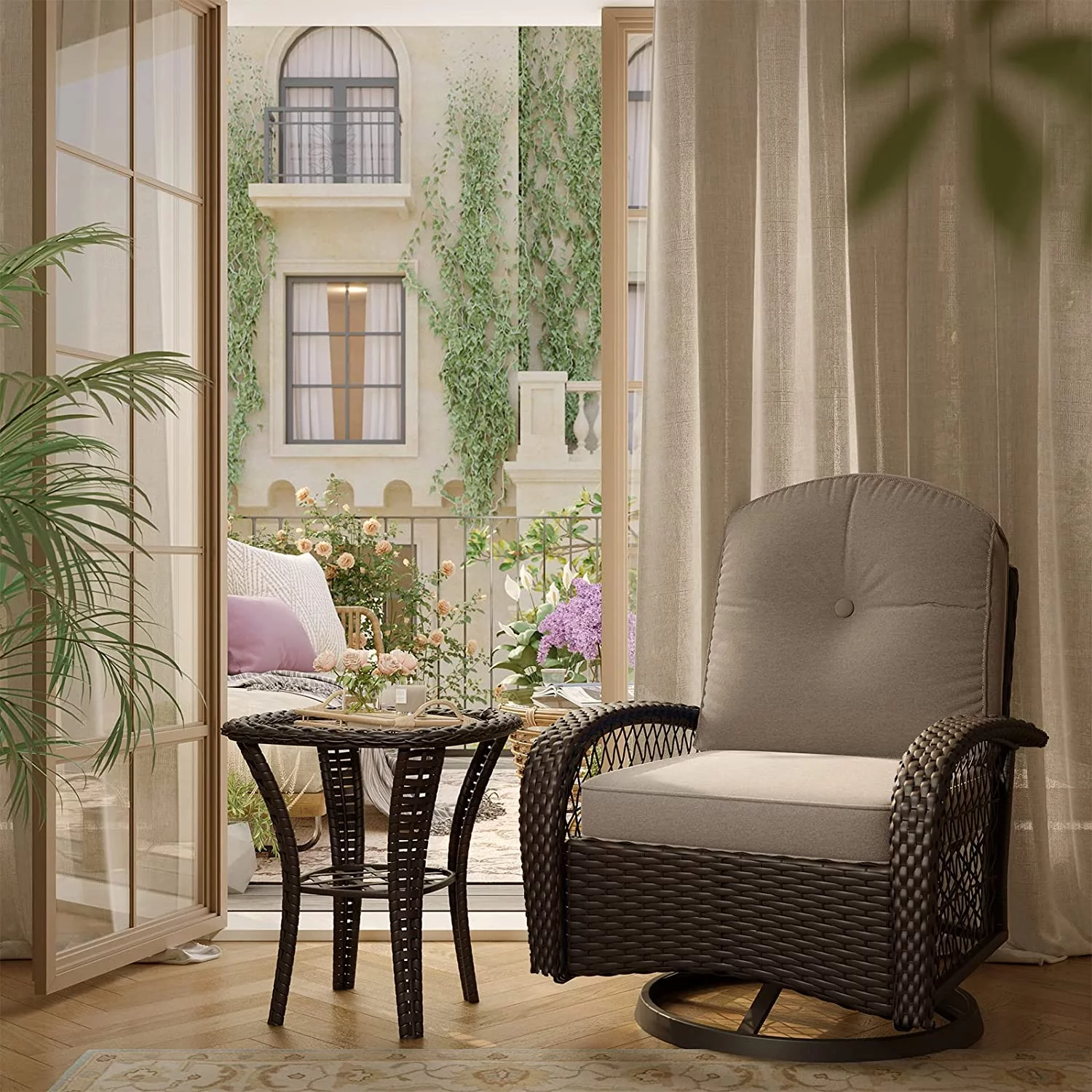 Patio  Set 3 Pieces Outdoor Rocking Chair Set  Patio Wicker Chairs  Patio Bistro Set with Premium Cushions and Coffee Table  Blue