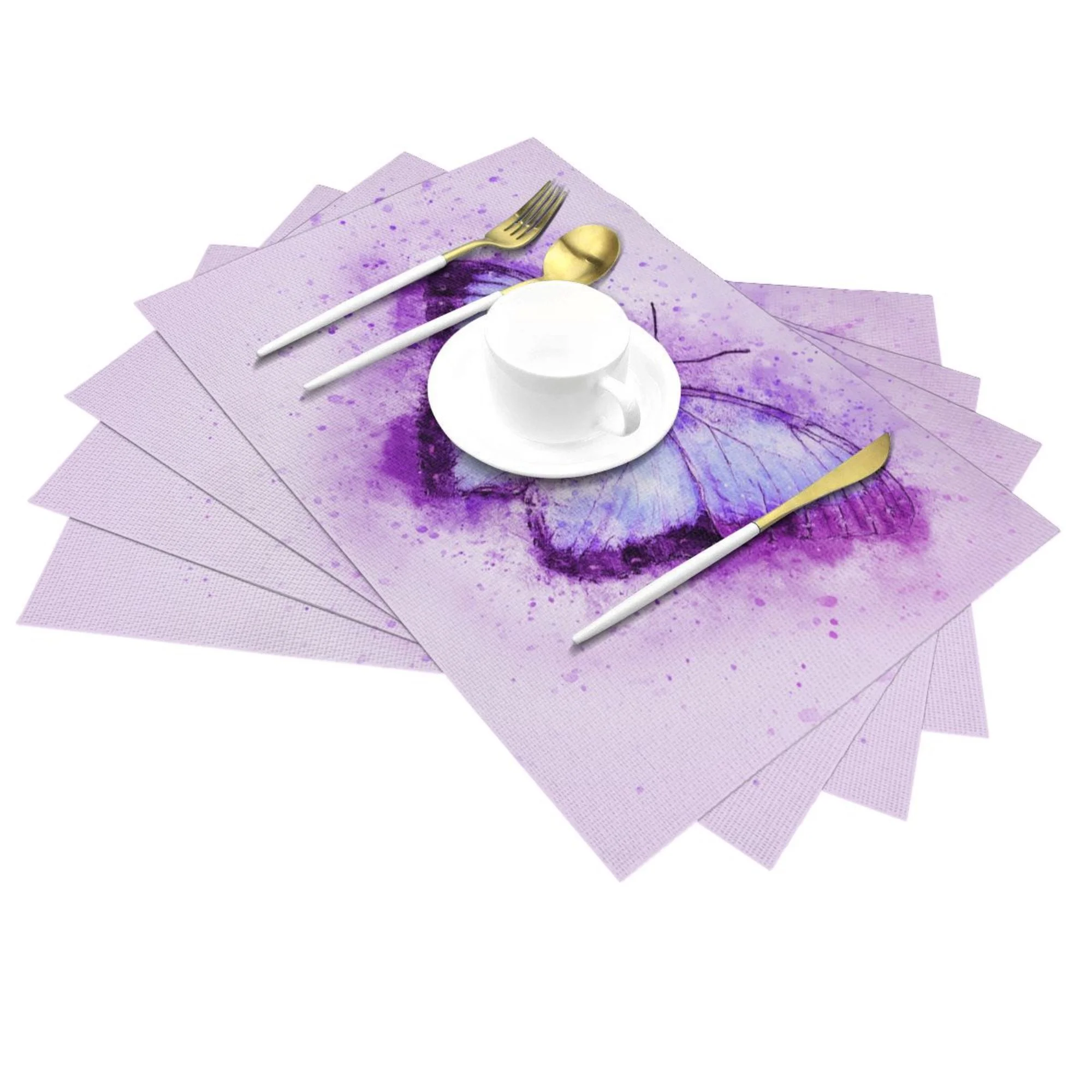 YFYANG Washable Heat-Resistant Placemats, 70% PVC/30% Polyester, Purple Watercolor Butterfly Kitchen Table Mat, 12