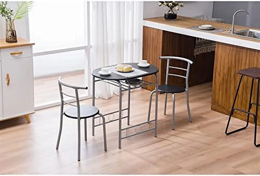 HYHBIBOOM 3-Piece Dining Table Set - Small Kitchen Breakfast Table Set - Wooden Table and 2 Chairs with Metal Frame - Compact Breakfast Nook Dining Set with Built-in Wine Rack - Space Sav