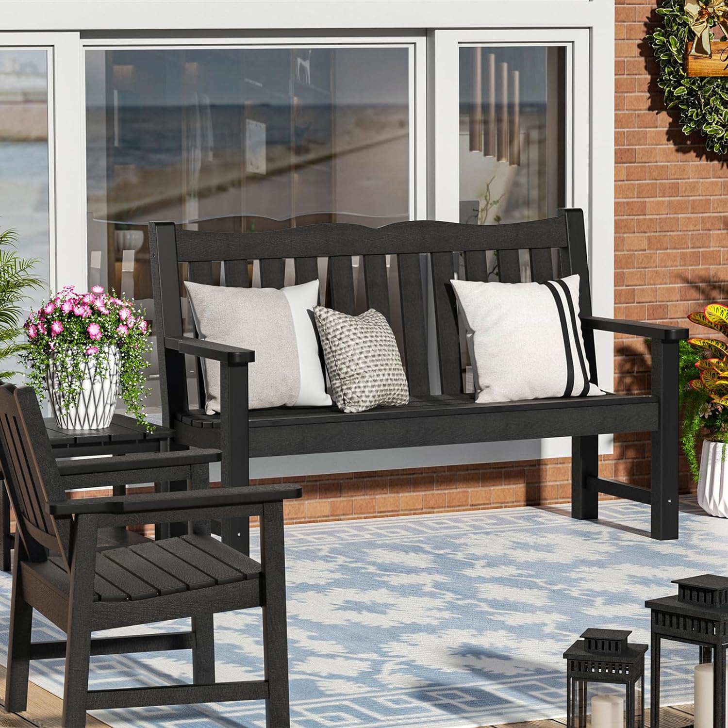 3-Piece Garden Bench & Garden Chair Set, All-Weather Patio Furniture Set, Include 2 Garden Chairs and 1 Garden Bench, for Porch, Backyard, Lawn, Pool and Deck, Black