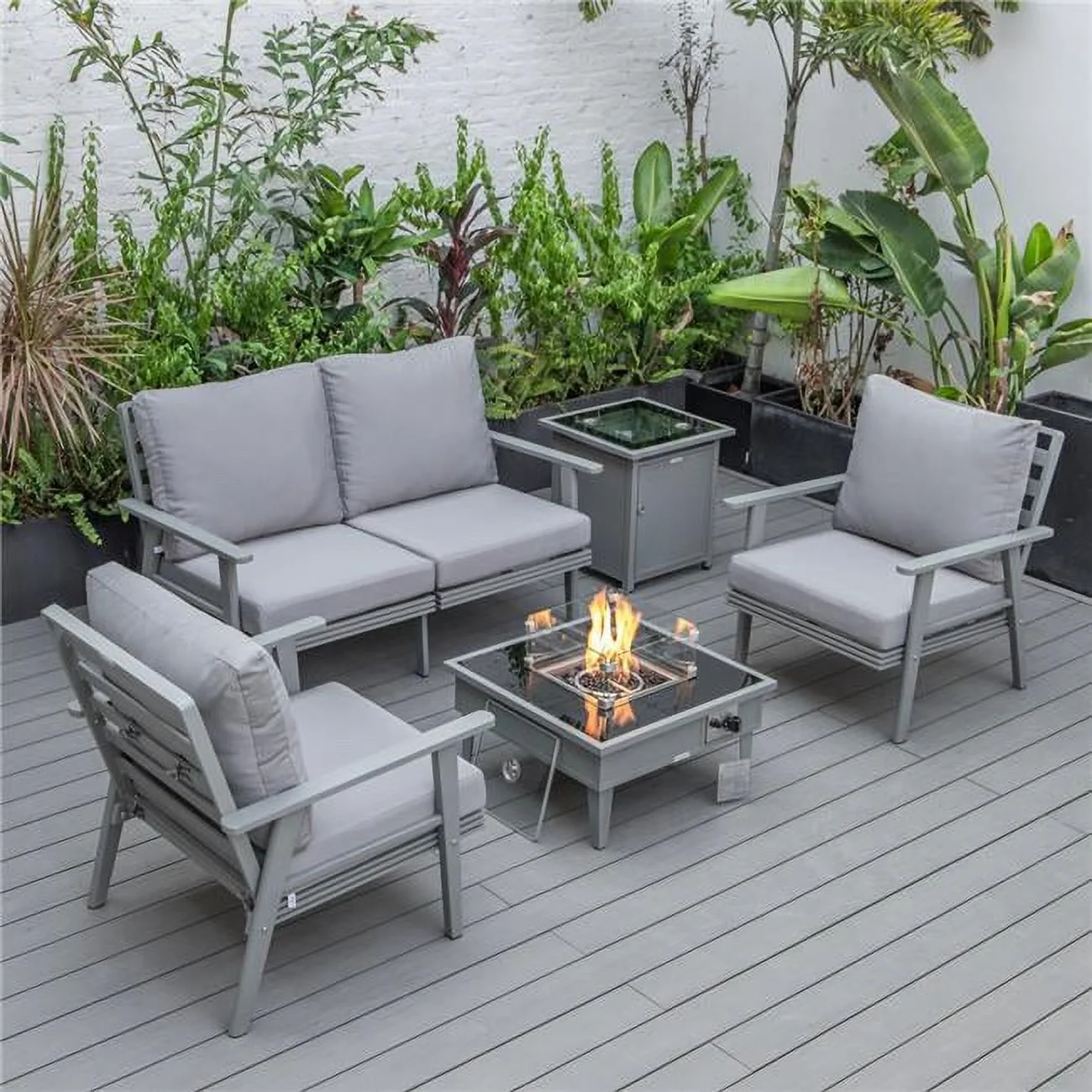 Walbrooke Modern Gray Patio Conversation with Square Fire Pit & Tank Holder, Gray