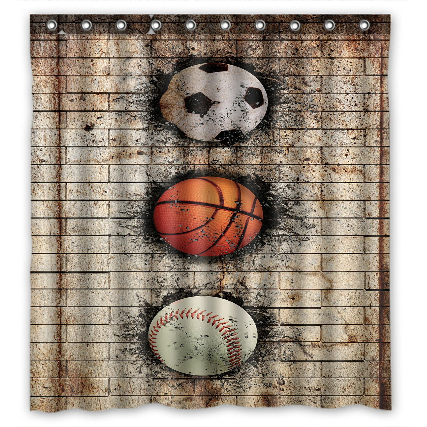 ABPHQTO Basketball Baseball Soccer Ball Embedded Brick Wall Waterproof Polyester Shower Curtain and Hooks For Home Decor 66x72 Inch
