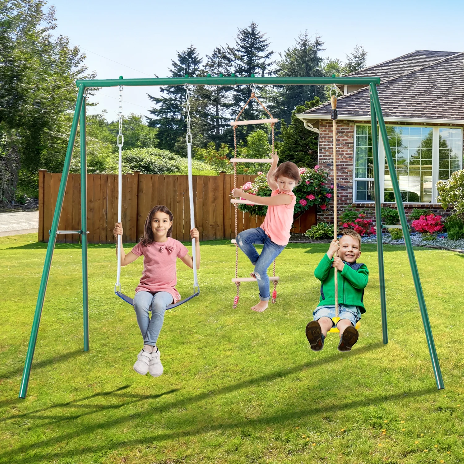 SMkidsport 3 In 1 Swing Set for Kids, Swing Set for Backyard with Belt Swing, Climbing Rope and Climbing Ladder, Outdoor Playset 440 LBS Weight Capacity, Swingset for Playground