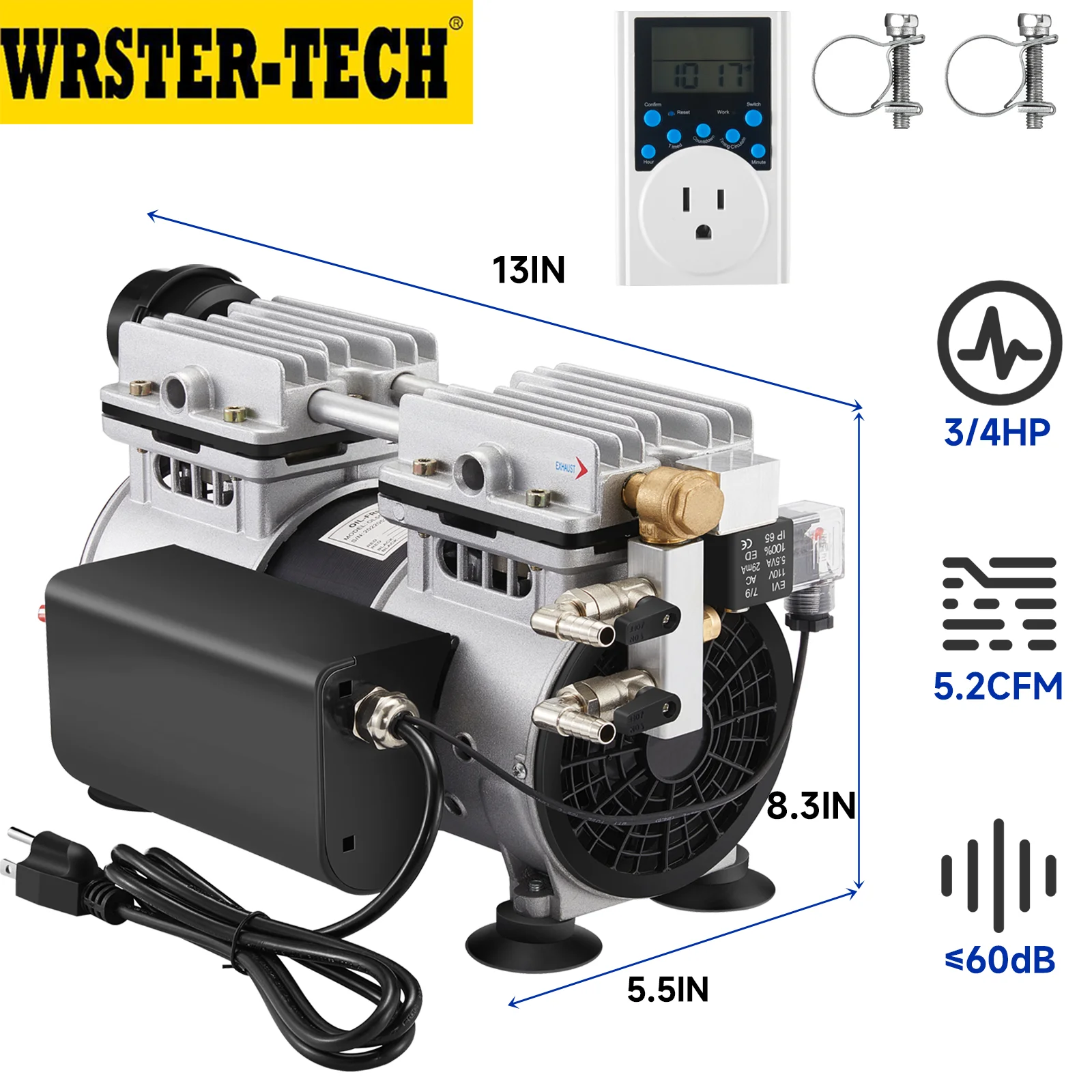 5.2 CFM Pond Aerator Lake Pond Aeration Compressor Time Controller Plug Kit 3/4 HP Up to 3 Acre 550W