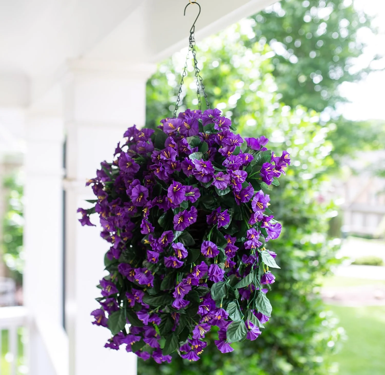 Artificial Faux Hanging Flowers Plants Basket for Spring Summer Outdoor Outside Porch Decoration, UV Resistant Fake Silk Purple Morning Glory Long Vines Realistic for Home Balcony Yard Patio