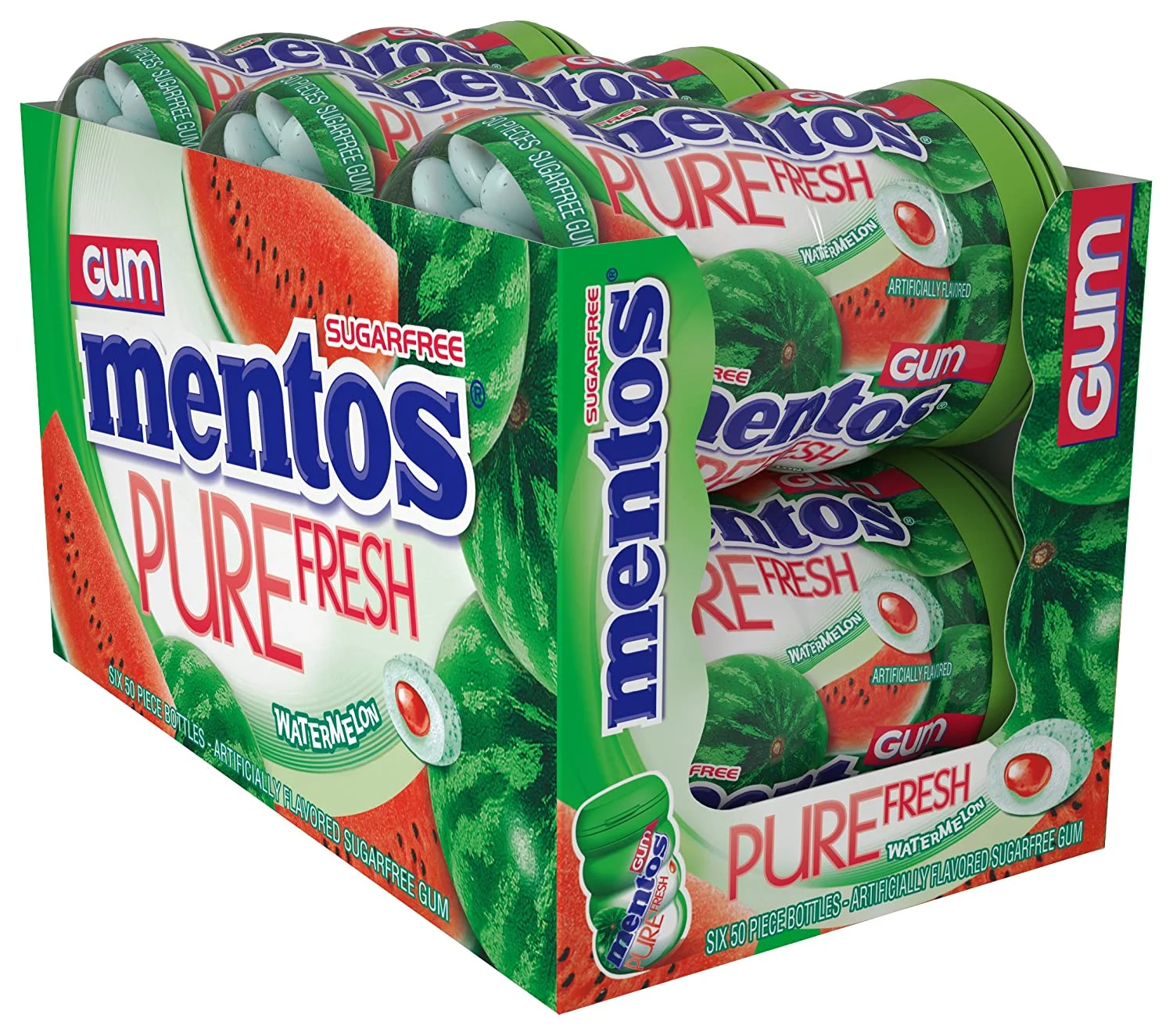 Mentos Pure Fresh Sugar-Free Chewing Gum with Xylitol, Watermelon, Valentines Day Gifts, Bulk, 50 Piece Bottle (Pack of 6)