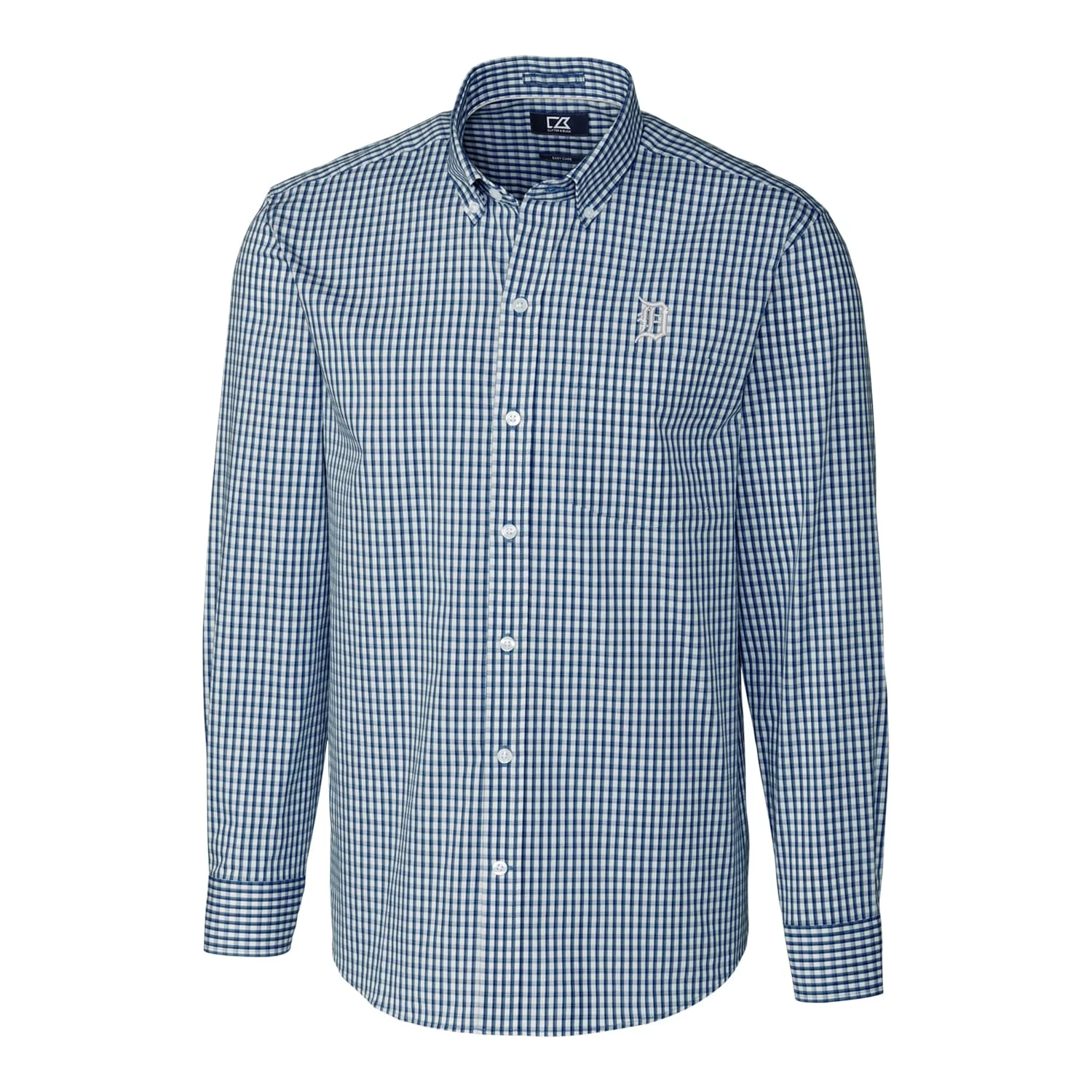 Men's Cutter & Buck Navy Detroit Tigers Big & Tall Stretch Gingham Long Sleeve Button-Down Shirt