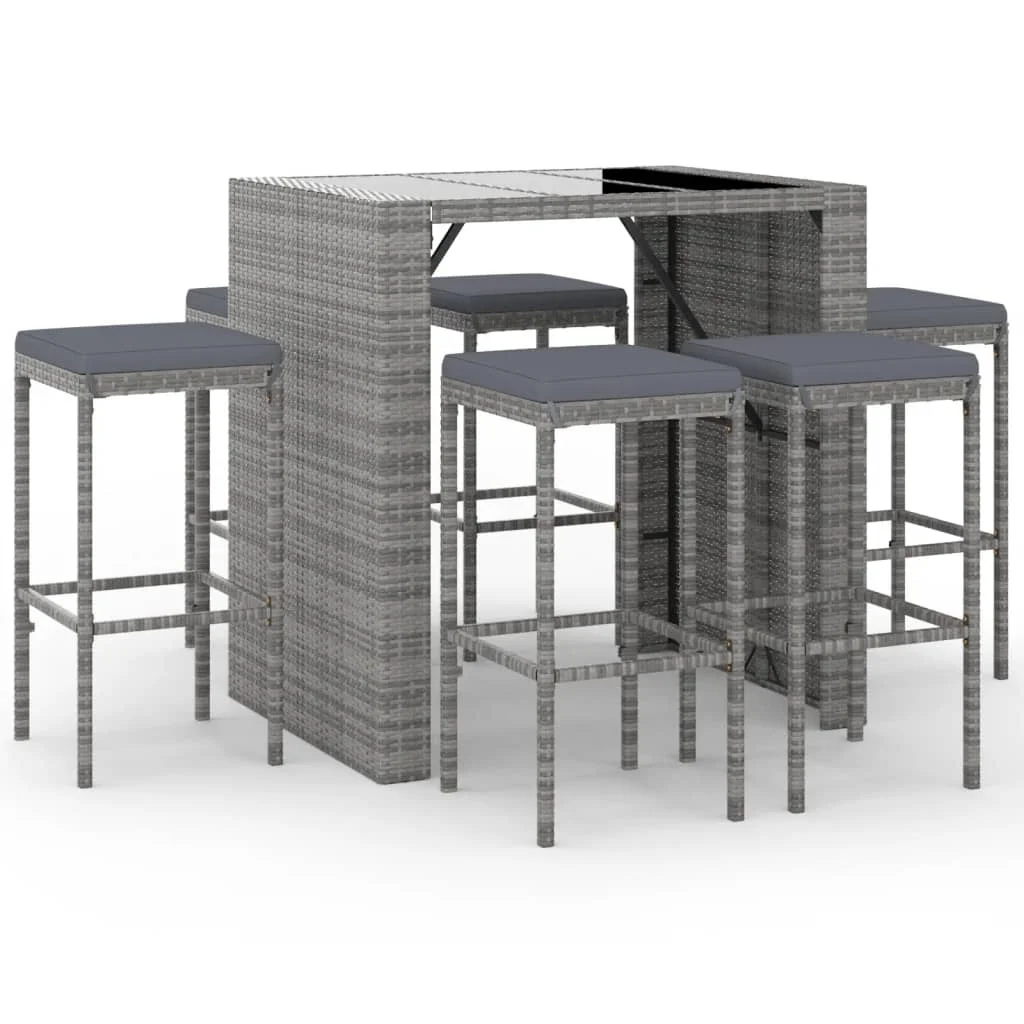 Dcenta 7 Piece Patio Bar Set with Cushions Gray Poly Rattan