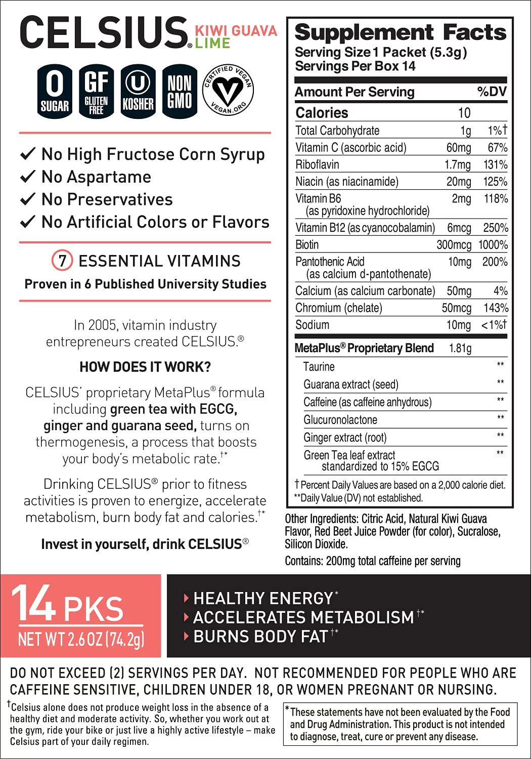 CELSIUS Kiwi Guava Lime On-the-Go Powder Stick Packs, Zero Sugar (14 Sticks per Pack)