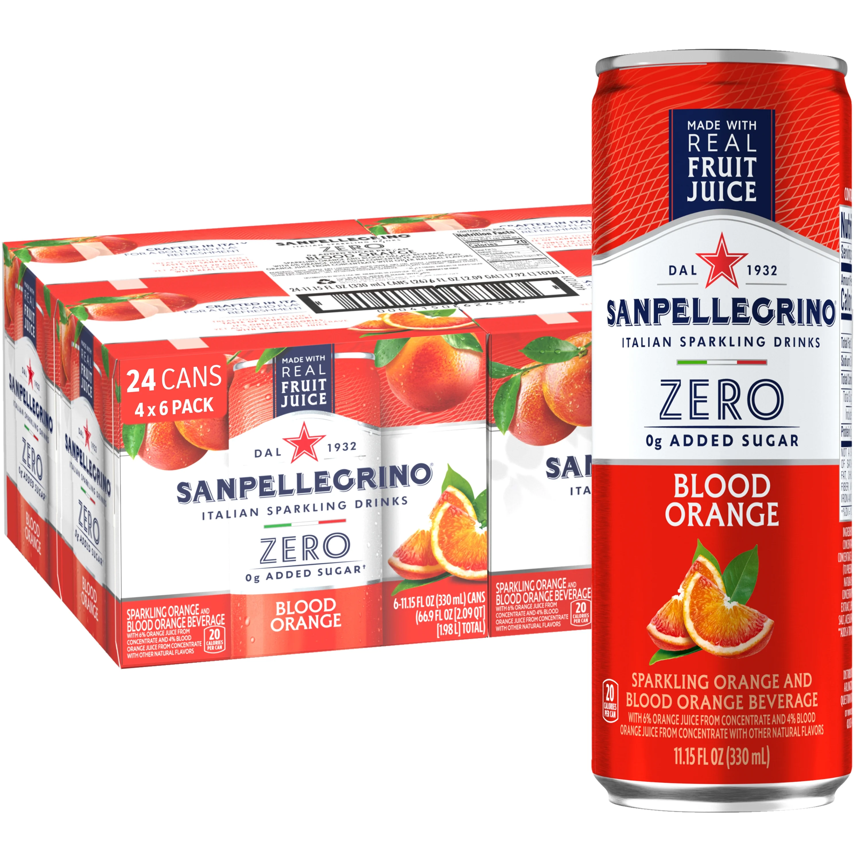 Sanpellegrino Italian Sparkling Drink, Zero Sugar, Aranciata Rossa, Orange & Blood Orange, 24 Cans